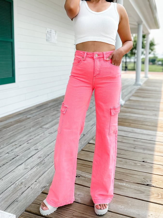 Risen High Rise Hot Pink Non-distressed Cargo Wide Jean