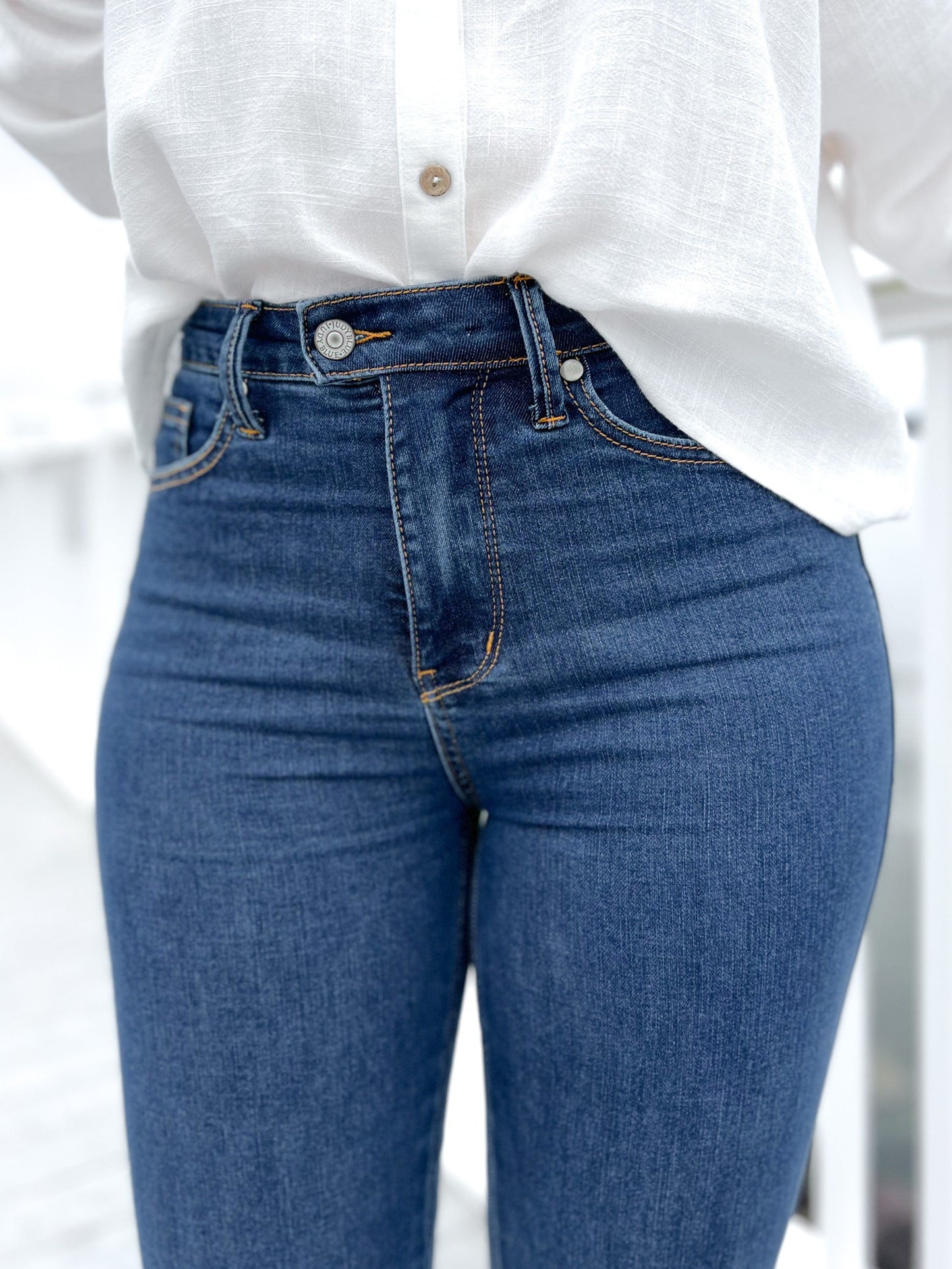 Judy Blue Triple Threat High Rise Medium Wash Cool Denim Tummy Control Top Flare Jeans