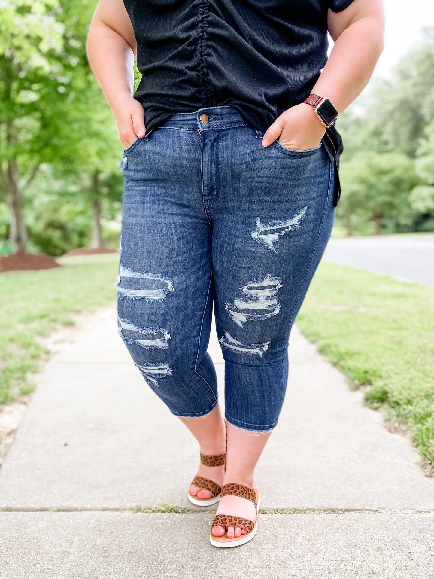 Judy Blue Distressed Patch Capri Jeans