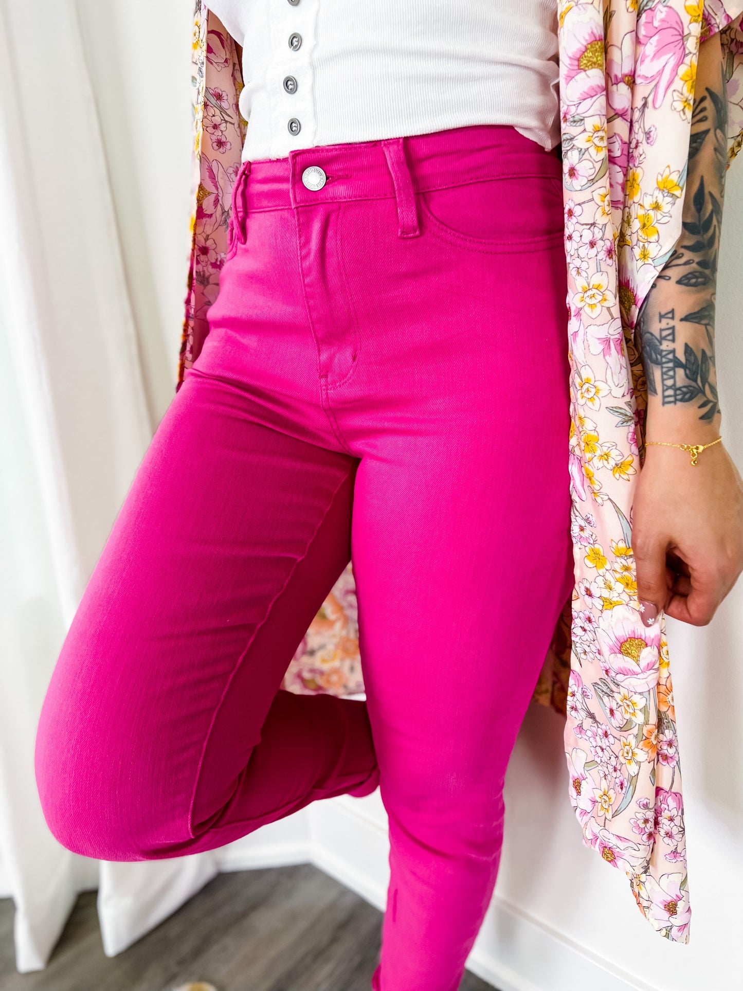 Judy Blue Mean Girls Hot Pink Neon Cuffed Slim Fit Denim