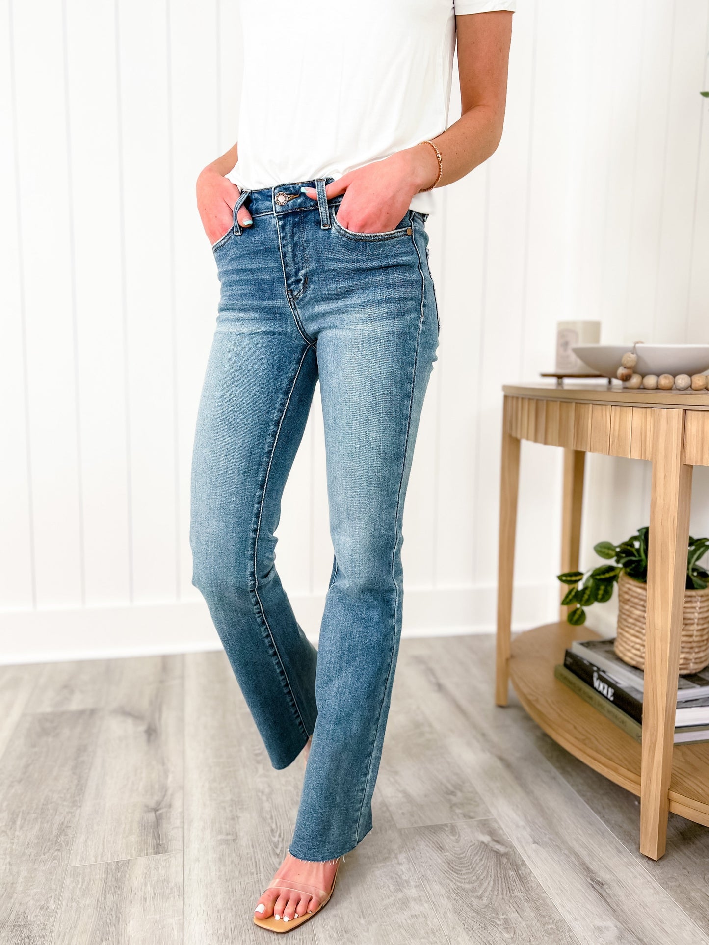 Judy Blue  Rinse and Repeat Medium Wash Mid Rise Raw Hem Bootcut Jeans