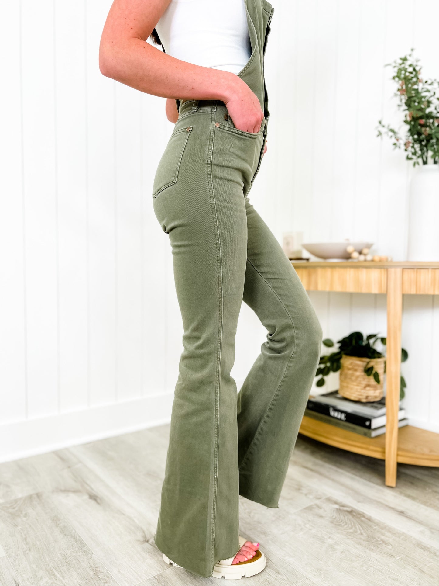 Judy Blue Olive You  Olive High Rise Control Top Tummy Control Flare Overalls