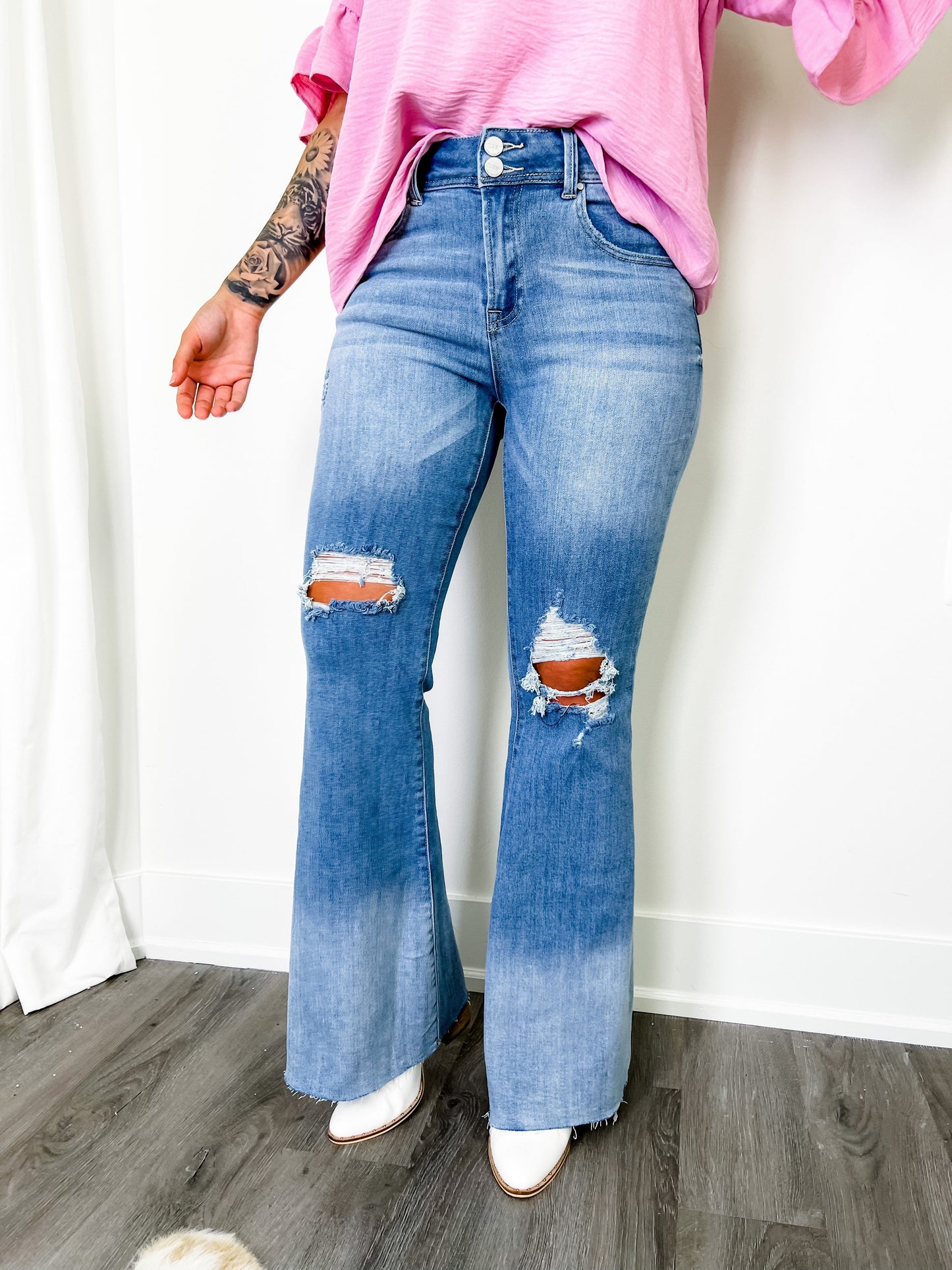 Risen Medium Wash High Rise Ombre Wide Flare Jeans