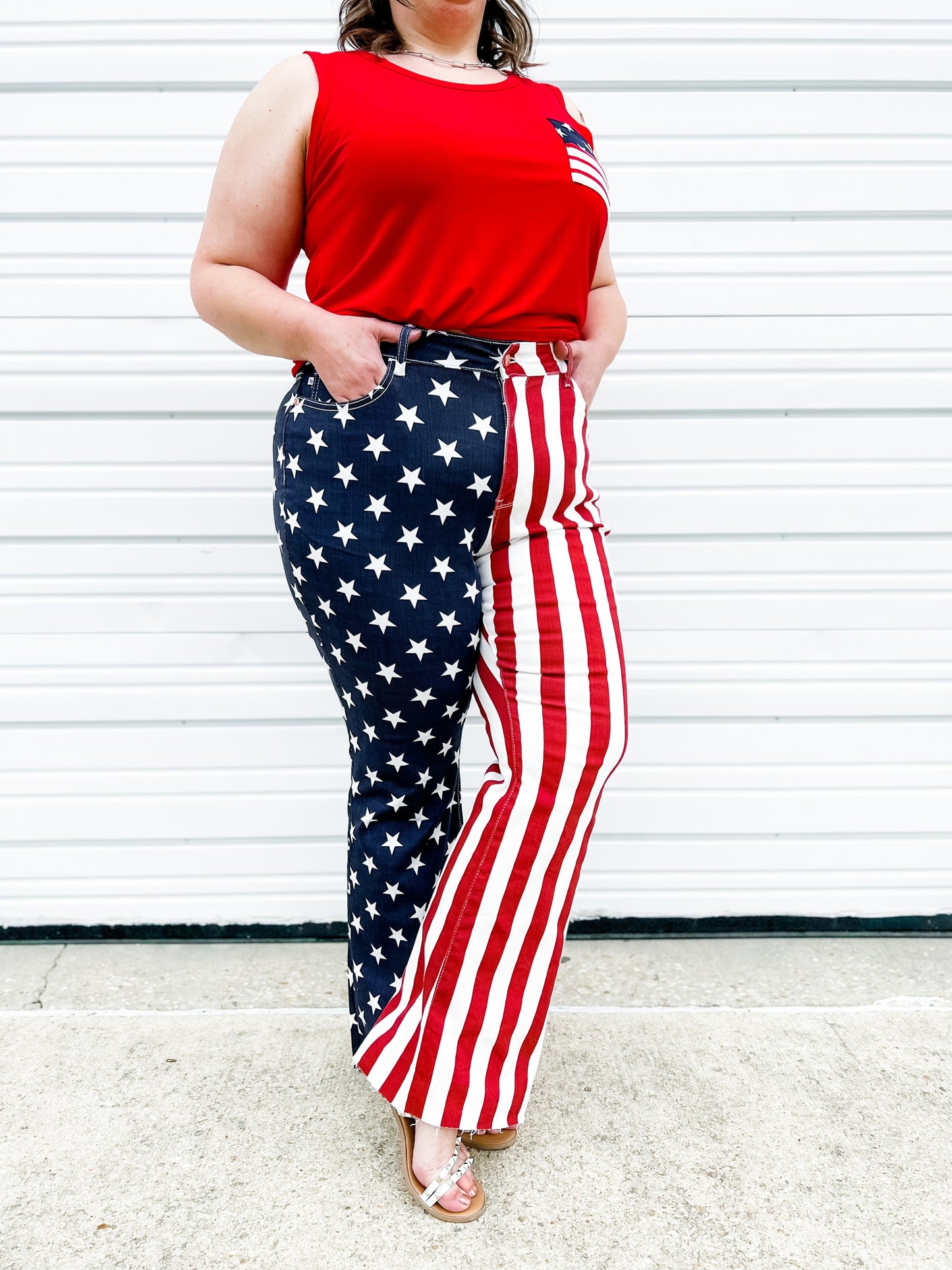 Judy Blue High Rise American Flag Print Raw Hem Flare Jeans