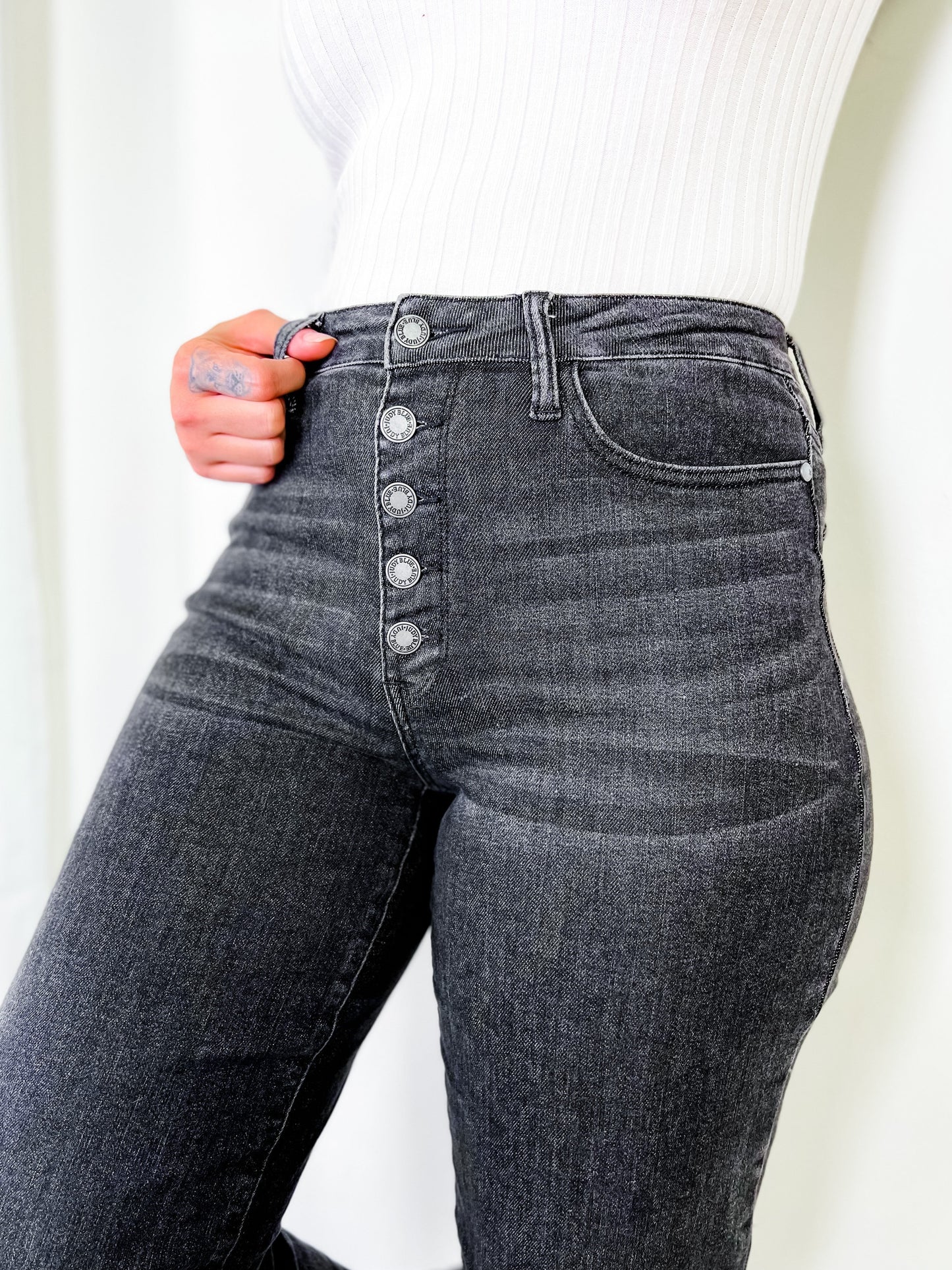 Judy Blue 50 Shades of Grey Button Fly Wide Leg Black Jeans