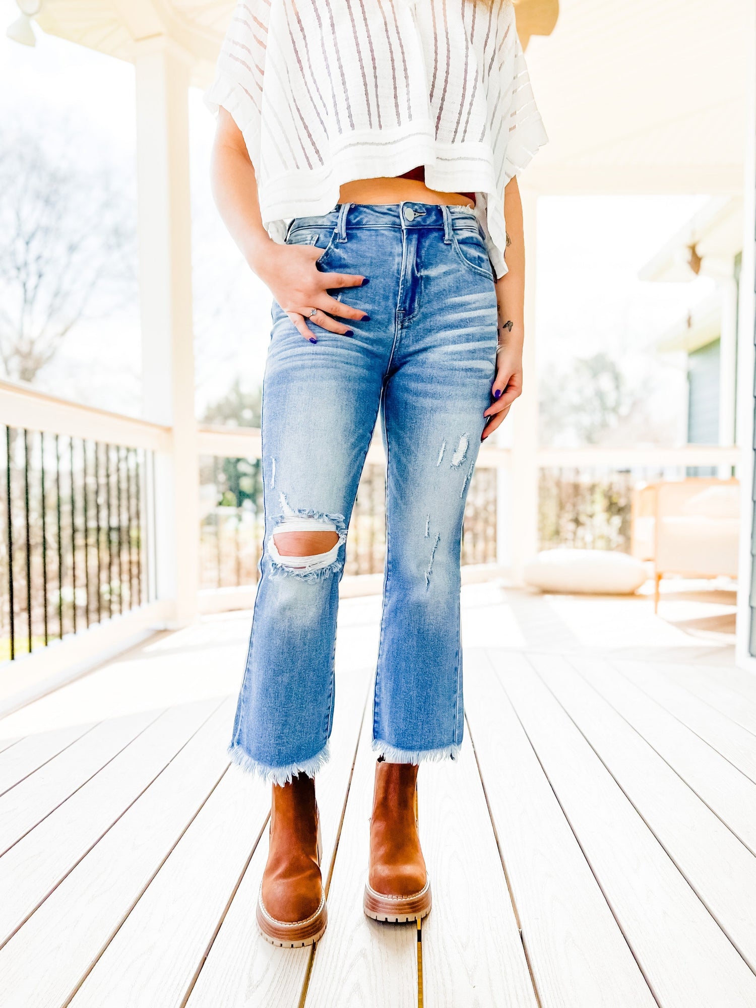 Medium Wash High Rise Cropped Flare Jeans