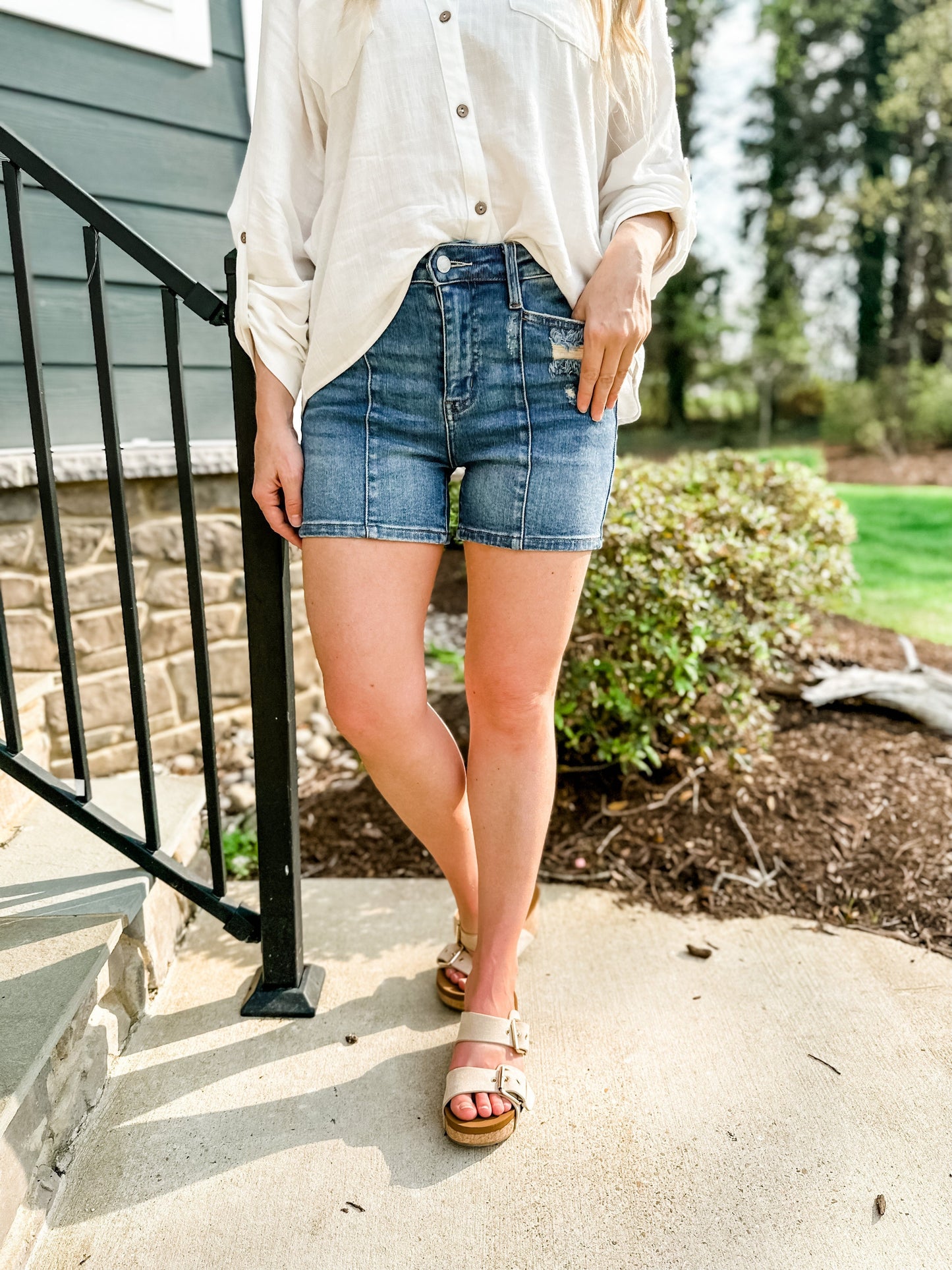 Judy Blue Worth the Wait Medium Wash Distressed Shorts With Seam Detail