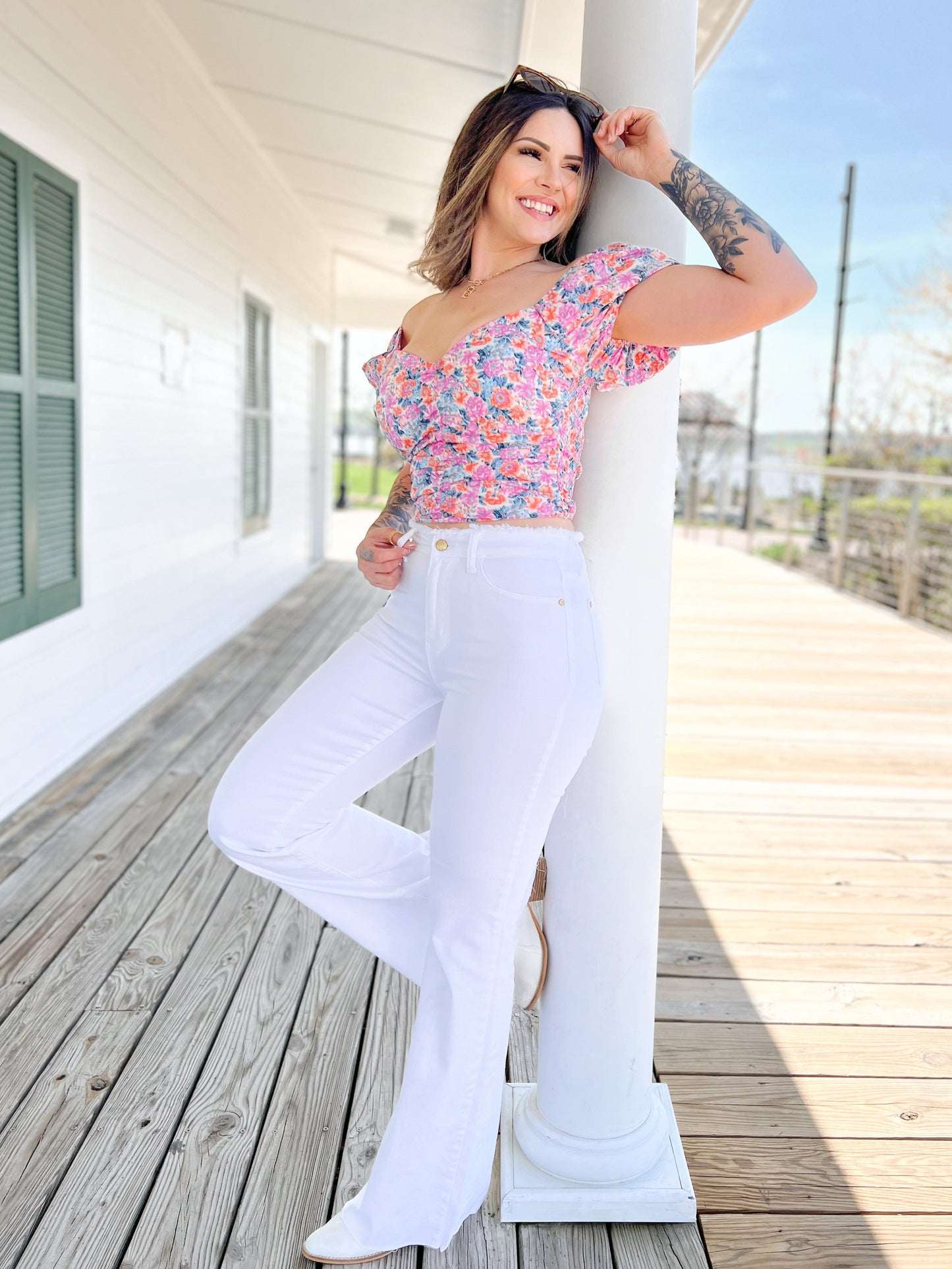 Judy Blue High Rise White Frayed Waistband Flare Jeans