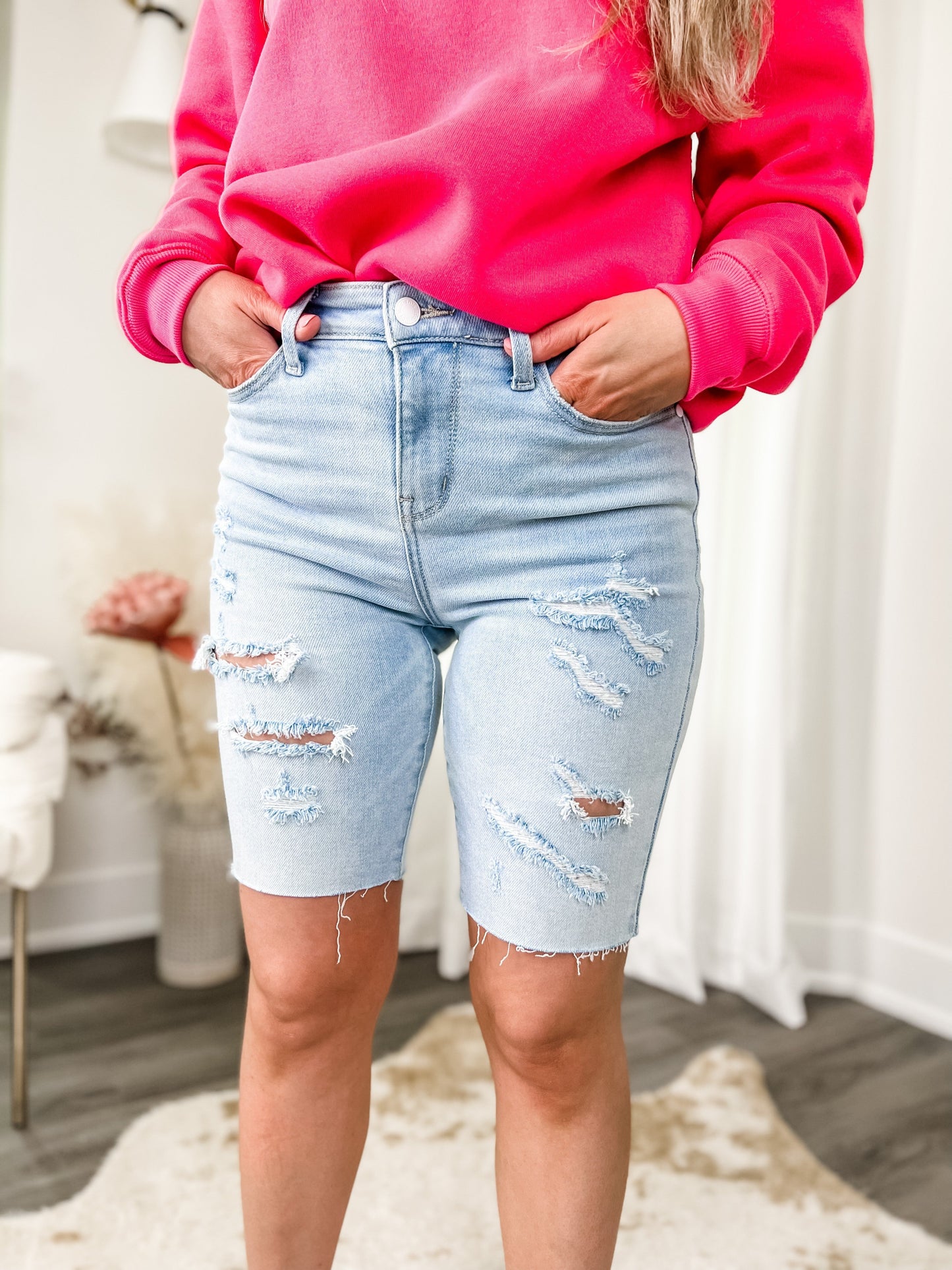 Judy Blue The Influencer! Light Wash High Rise Bermuda Distressed Cut Off Shorts