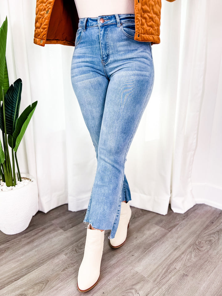 Risen High Rise Raw Cut Ankle Flare Jeans