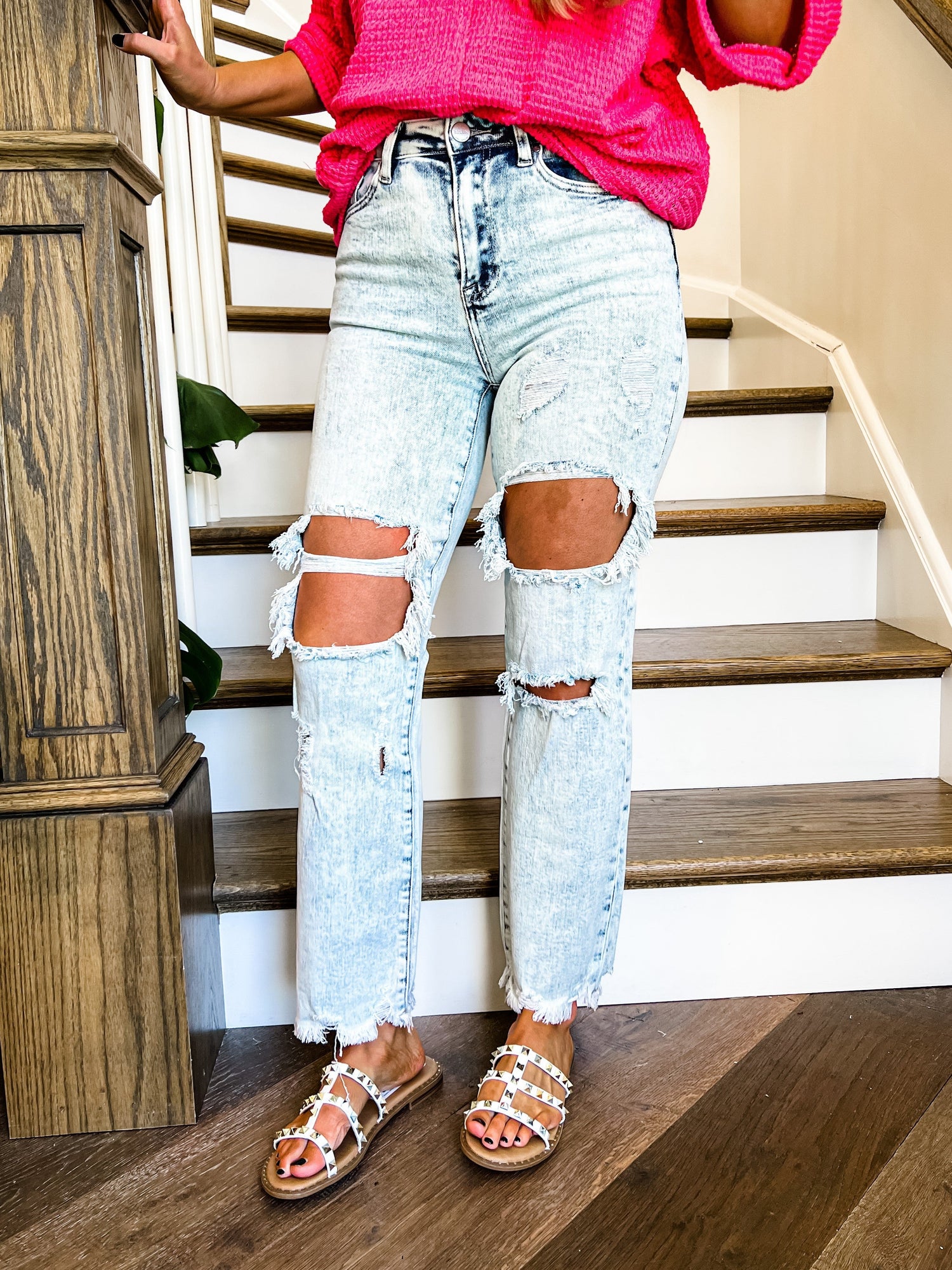 Risen Acid Wash High Rise Ankle Straight Distressed Jeans