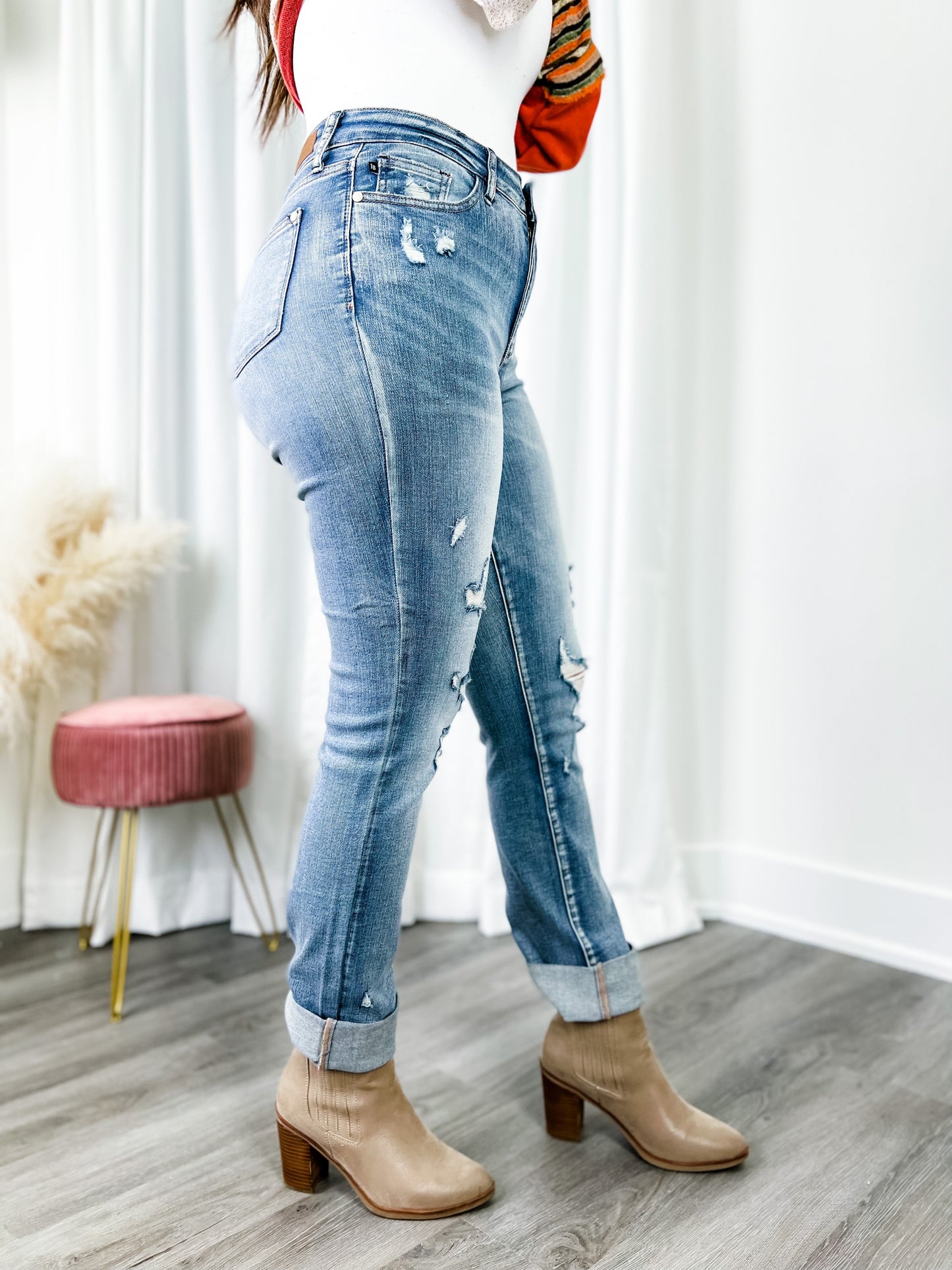 Judy Blue  Bad Boys Boyfriend Jean Medium Wash Double Cuff Distressed Long Tall Jeans with Frayed Hem