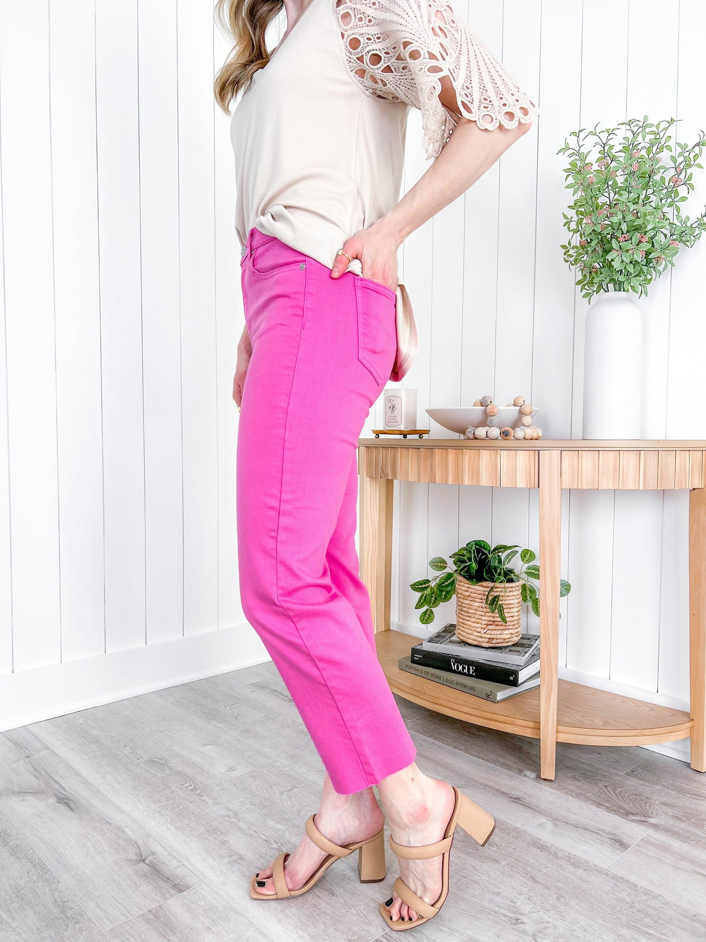 Sneak Peak Fuchsia High Rise Straight Legged Jeans With Raw Hem