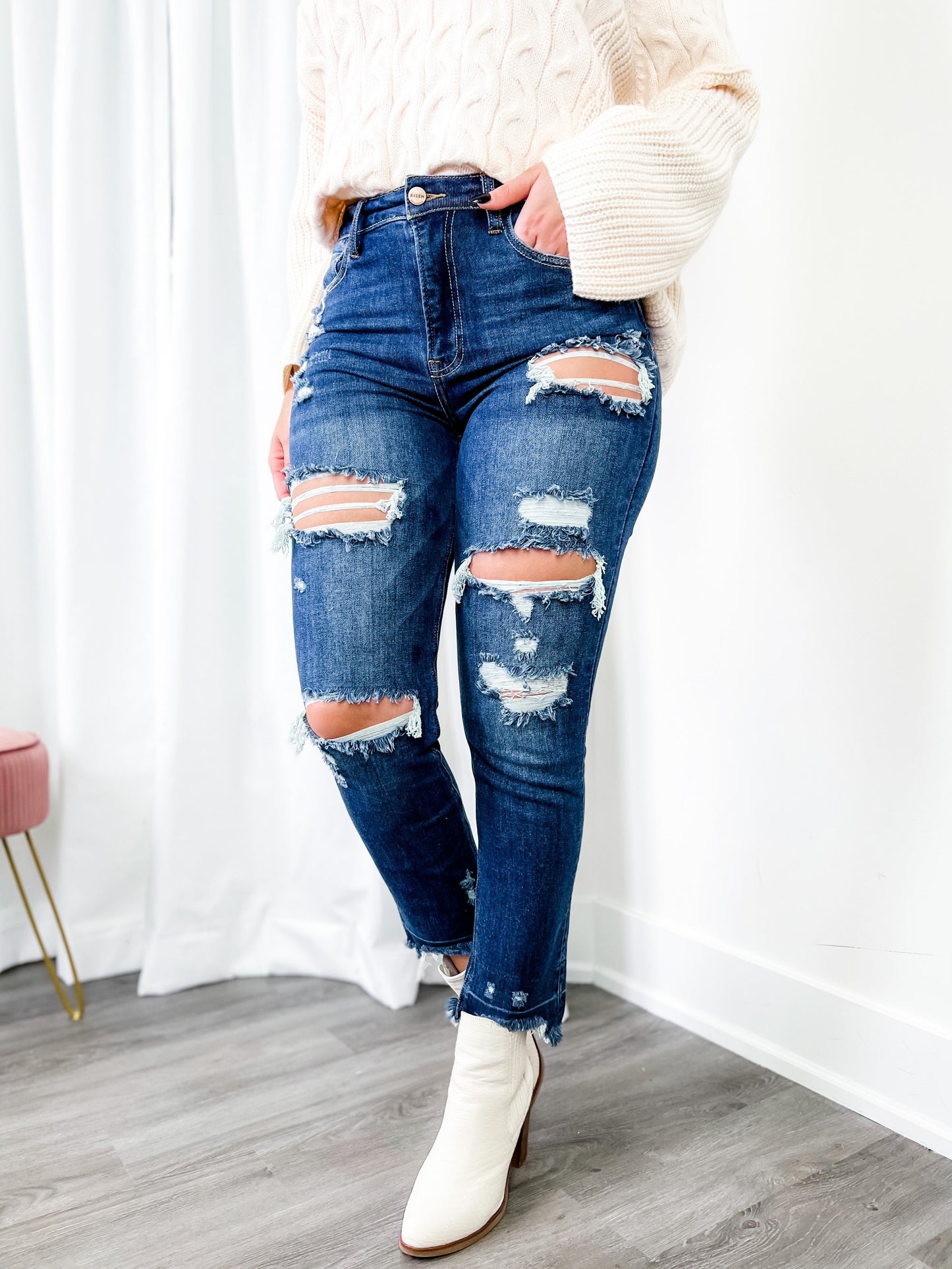 Dark wash distressed jeans hotsell