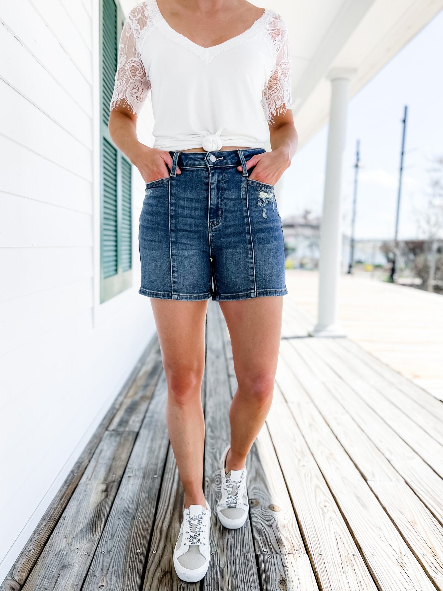 Judy Blue Worth the Wait Medium Wash Distressed Shorts With Seam Detail