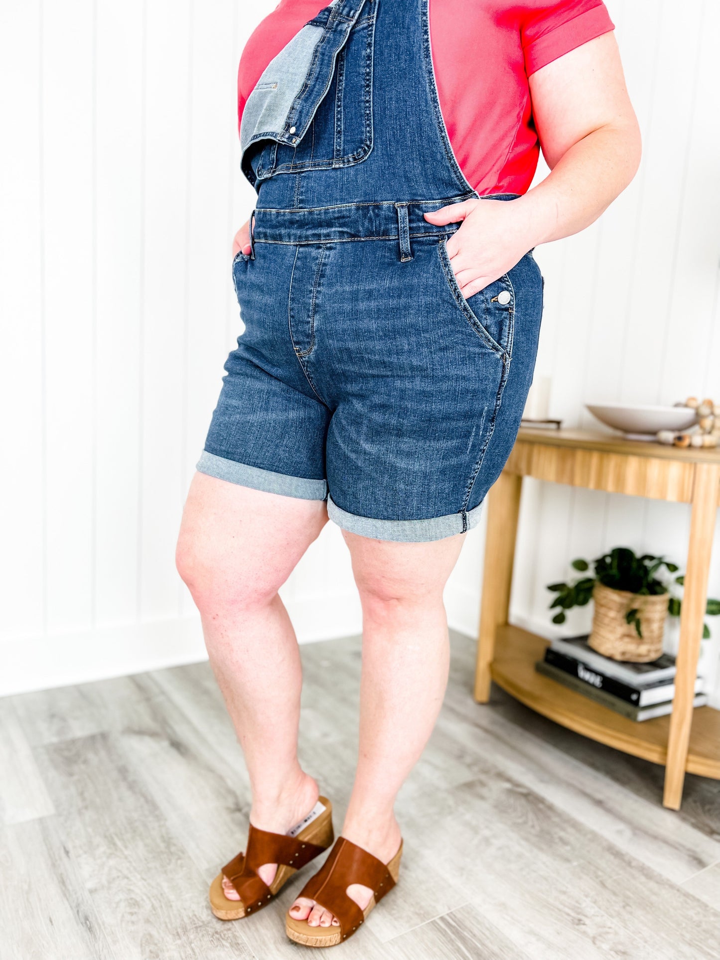 Judy Blue Dark Wash High Rise Destroyed Shorts Overalls With Cuff
