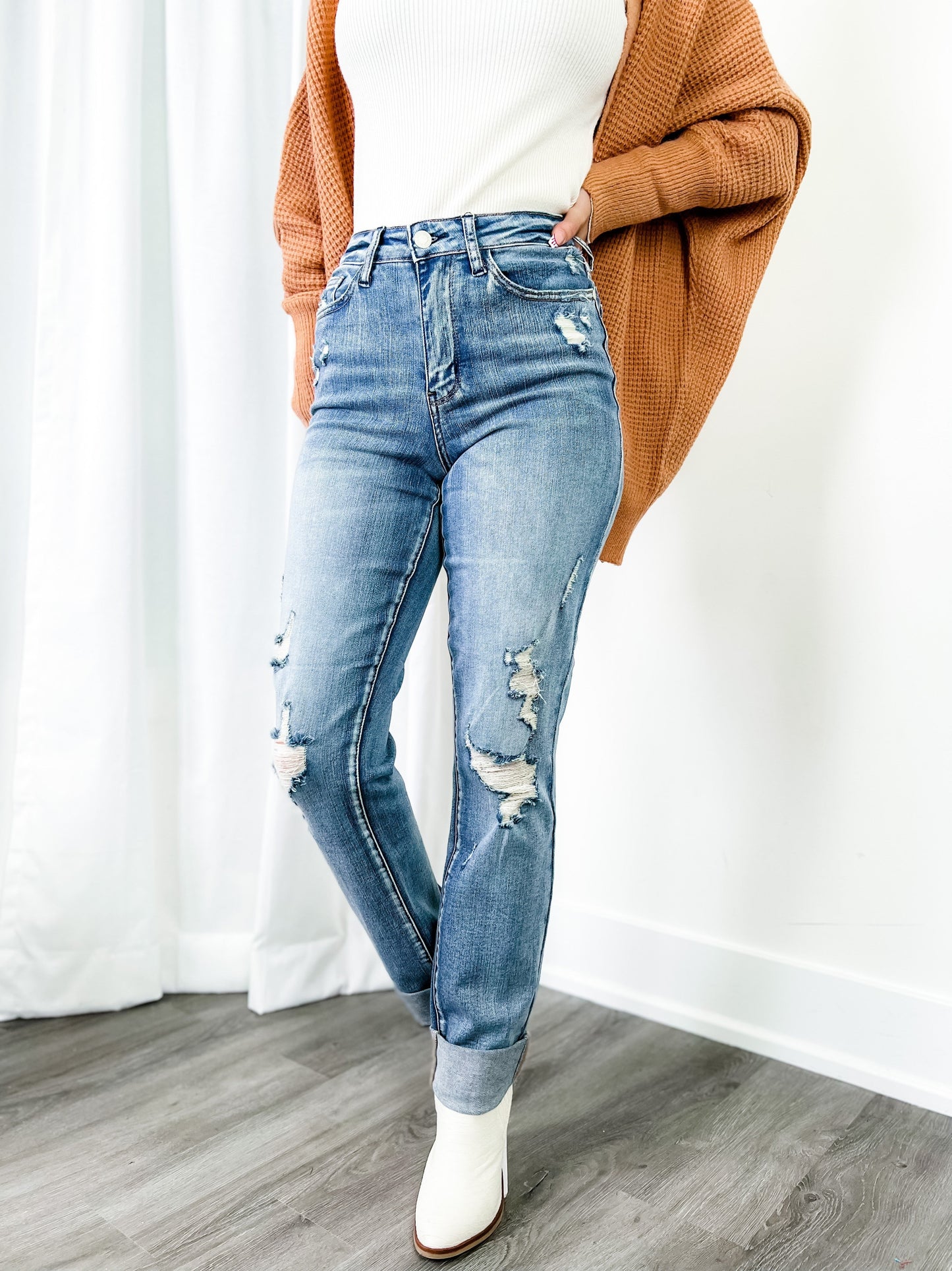 Judy Blue  Bad Boys Boyfriend Jean Medium Wash Double Cuff Distressed Long Tall Jeans with Frayed Hem