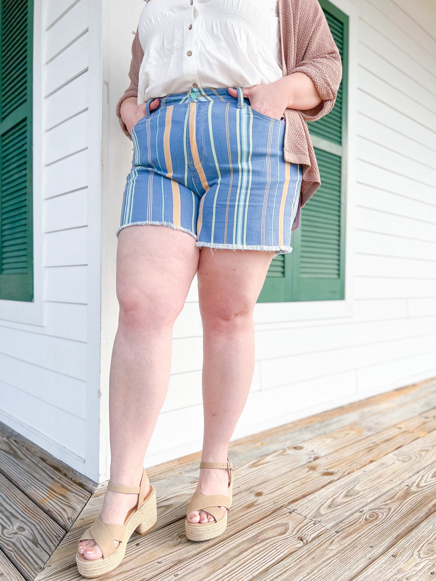 Judy Blue  Candy Crush Striped Denim Frayed Hem Shorts