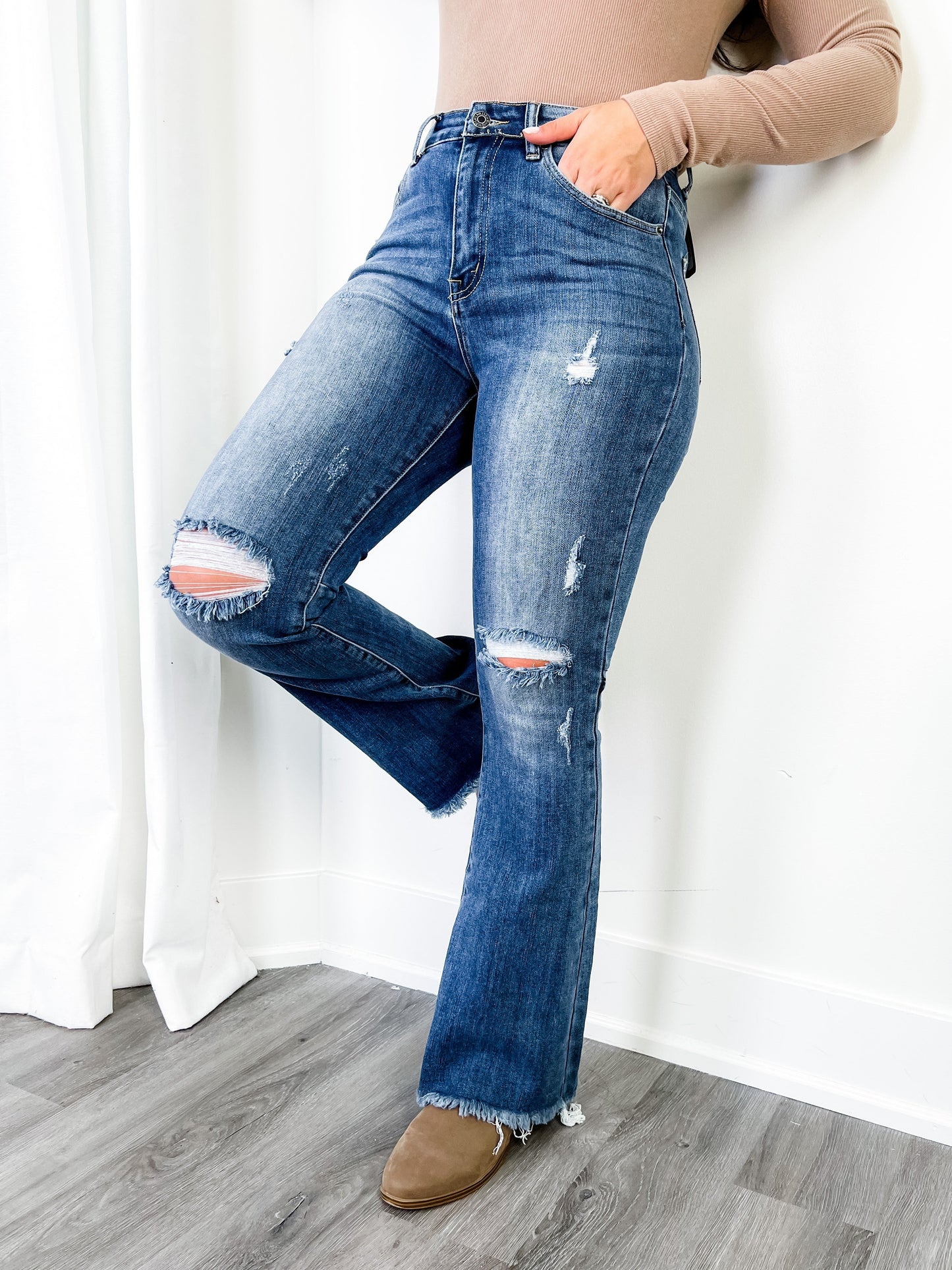 Risen With the Band Medium Wash Distressed Flare Jeans
