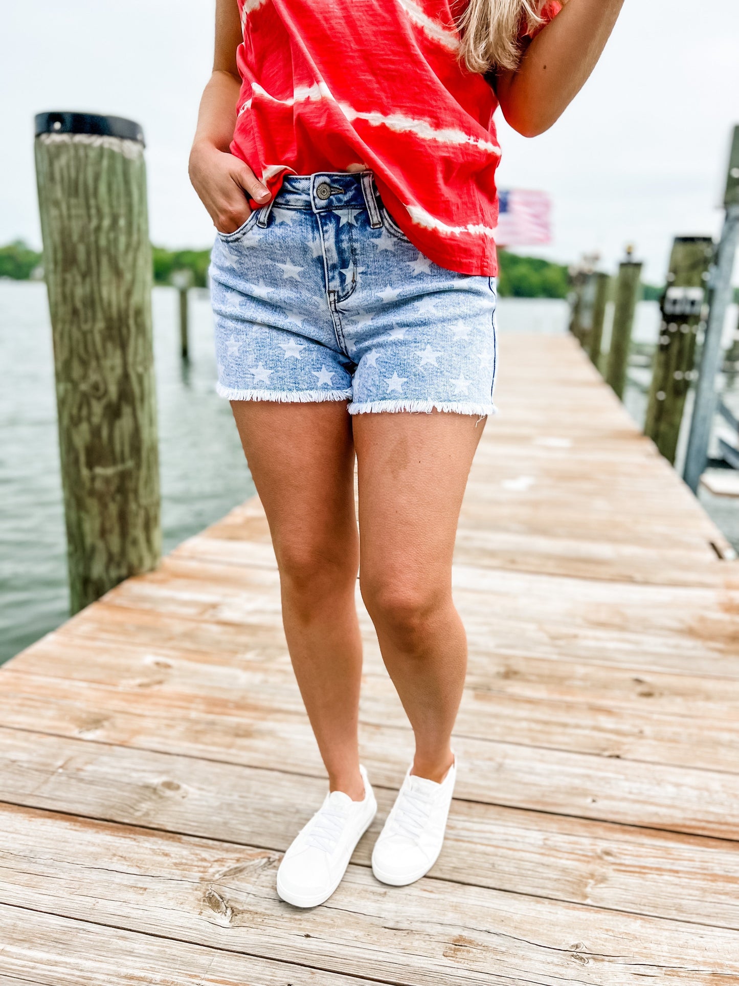 Judy Blue Mid Rise Star Print Acid Wash Shorts