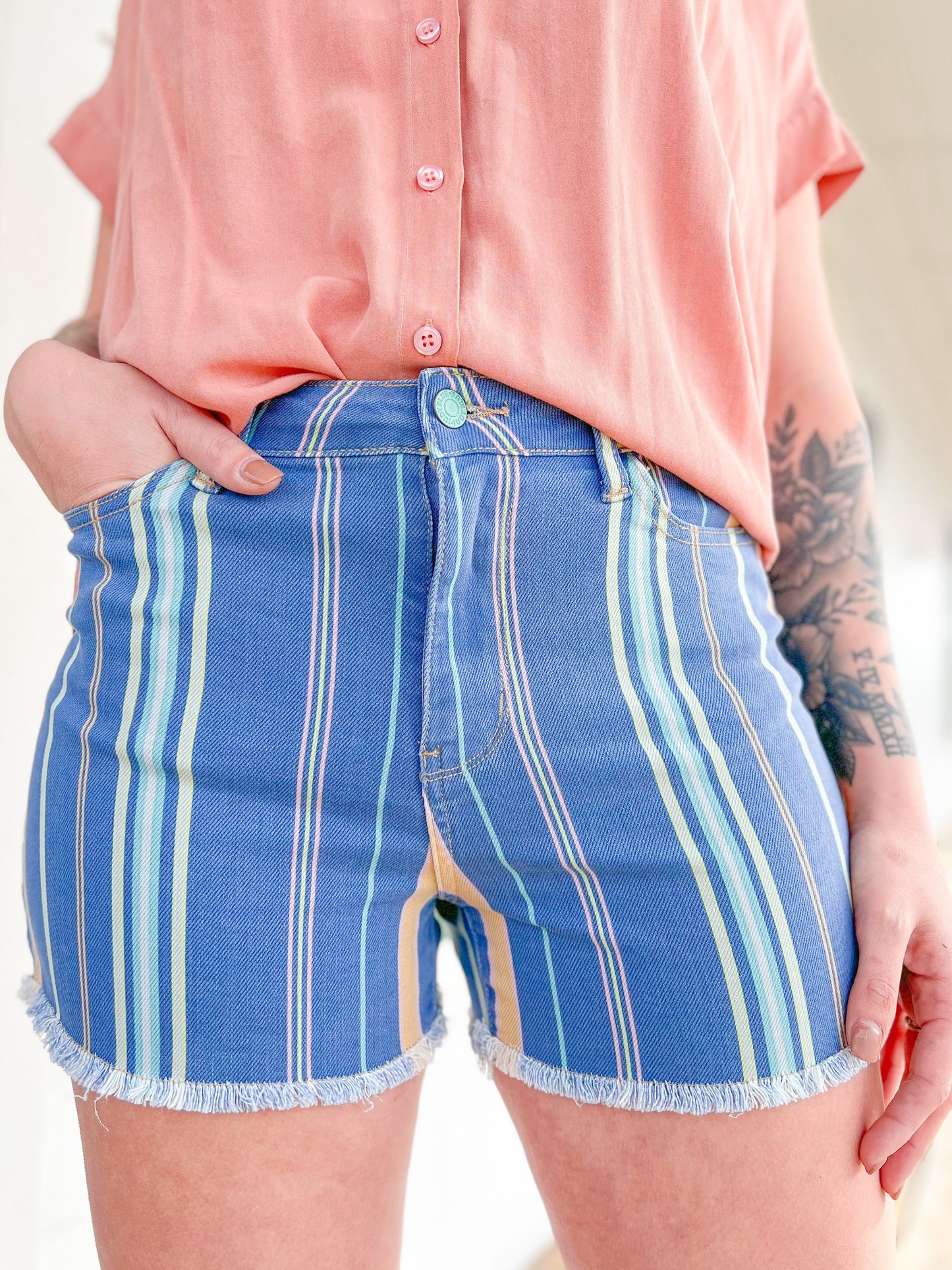 Judy Blue  Candy Crush Striped Denim Frayed Hem Shorts