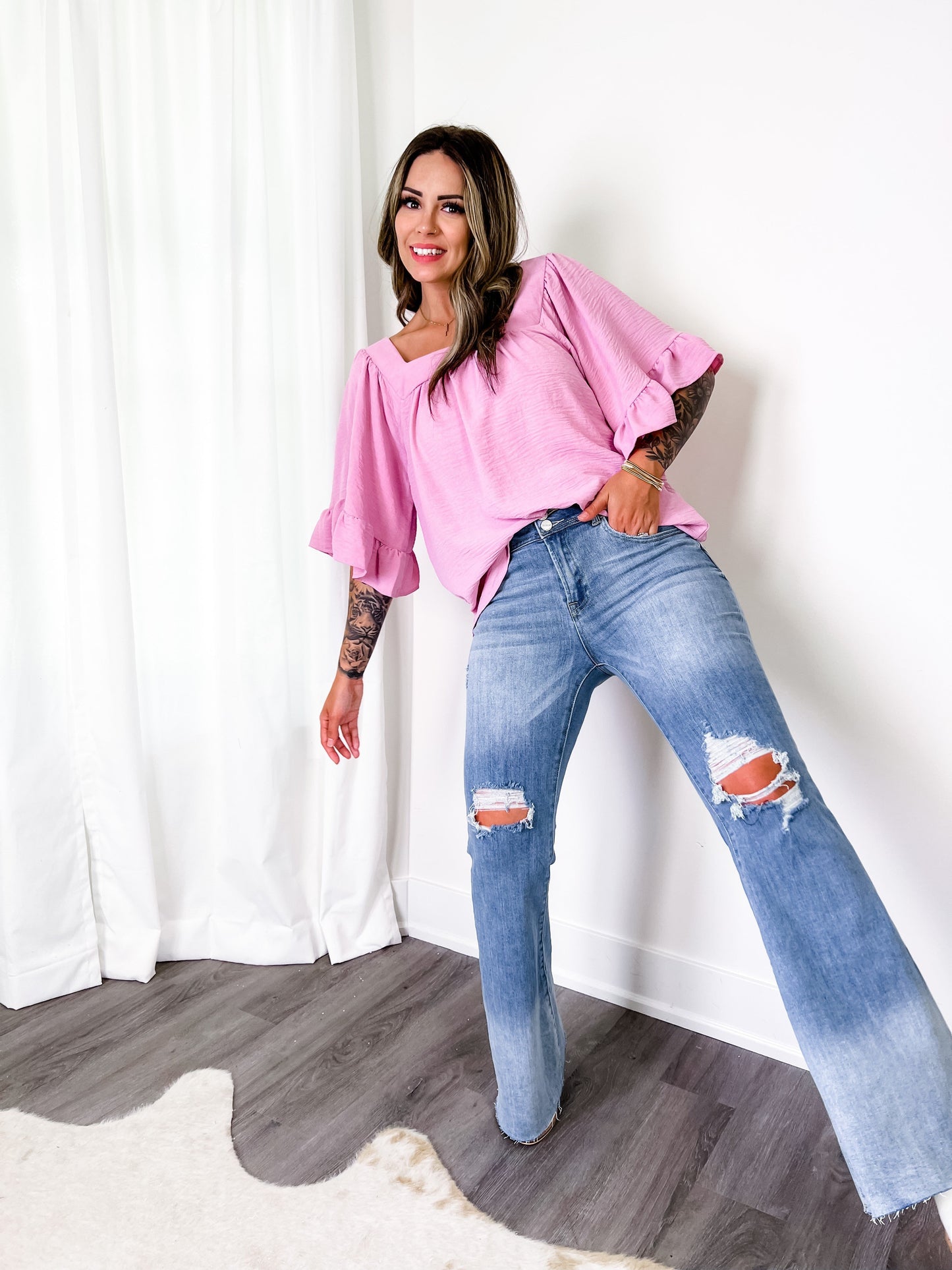 Risen Medium Wash High Rise Ombre Wide Flare Jeans