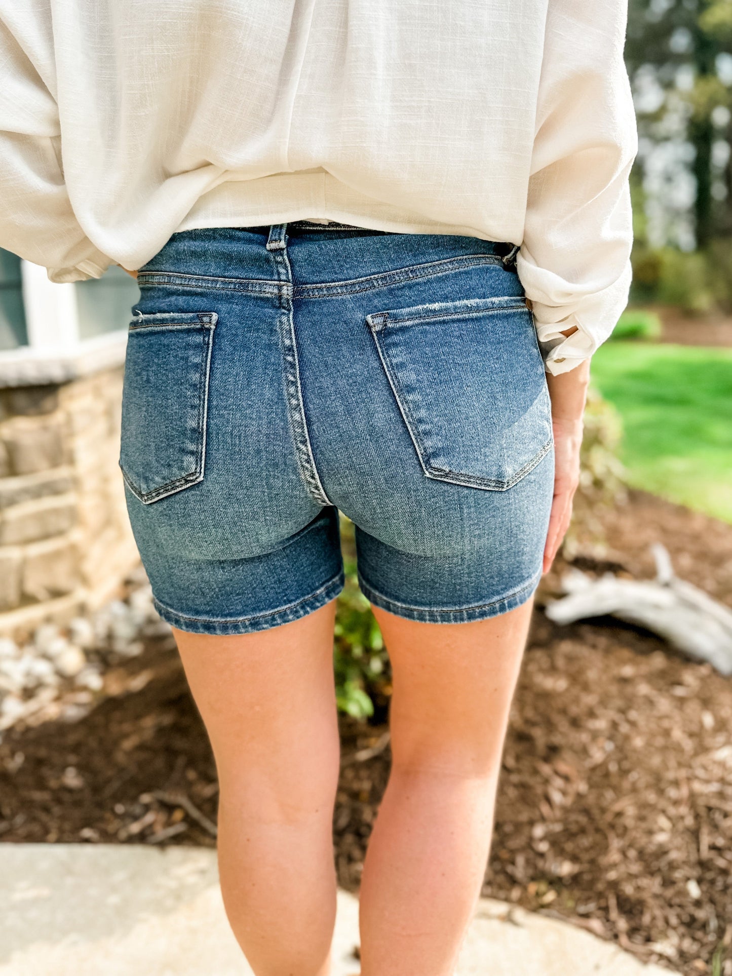 Judy Blue Worth the Wait Medium Wash Distressed Shorts With Seam Detail