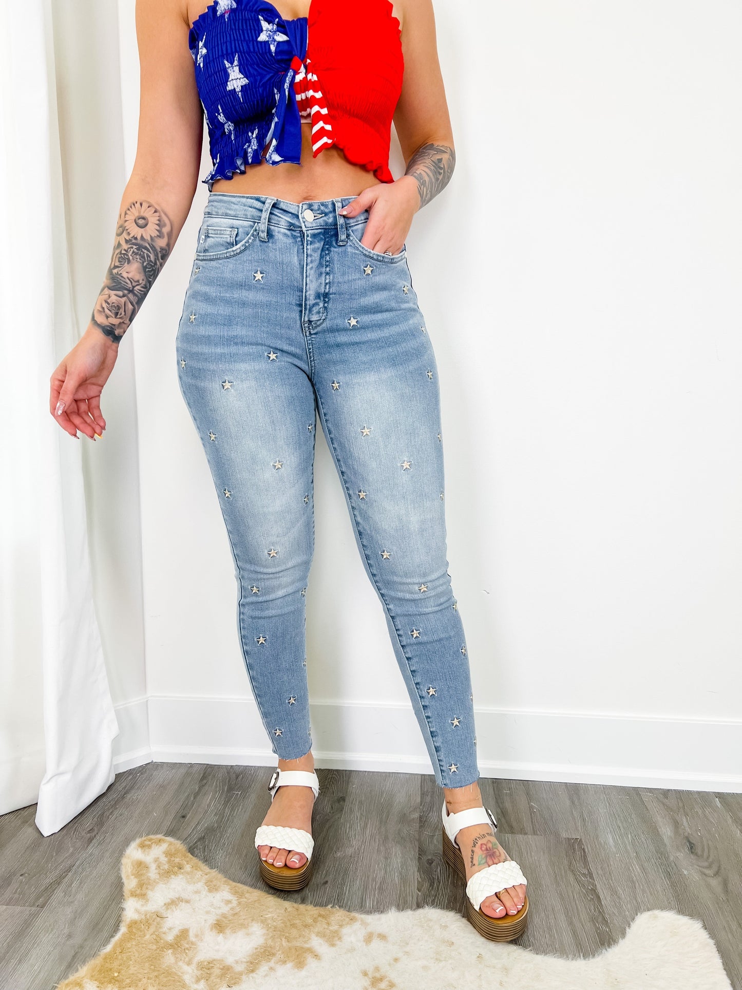 Judy Blue Tummy Control Stars and Stripes Light Wash High Waist Skinnies with Embroidered Stars