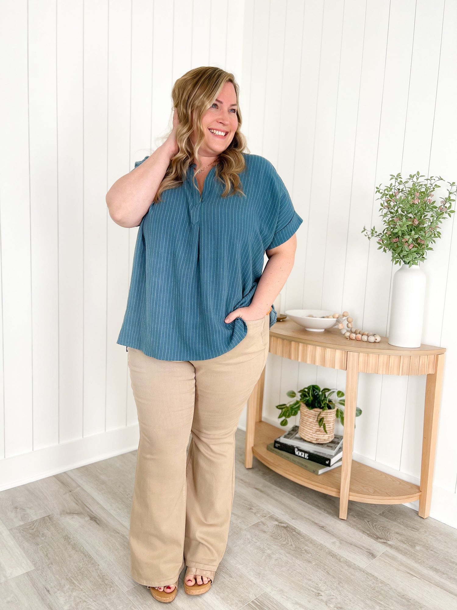 Judy Blue Sandy Bottom High Rise Khaki Garment Dyed Control Top Flare Jeans With Double Waistband