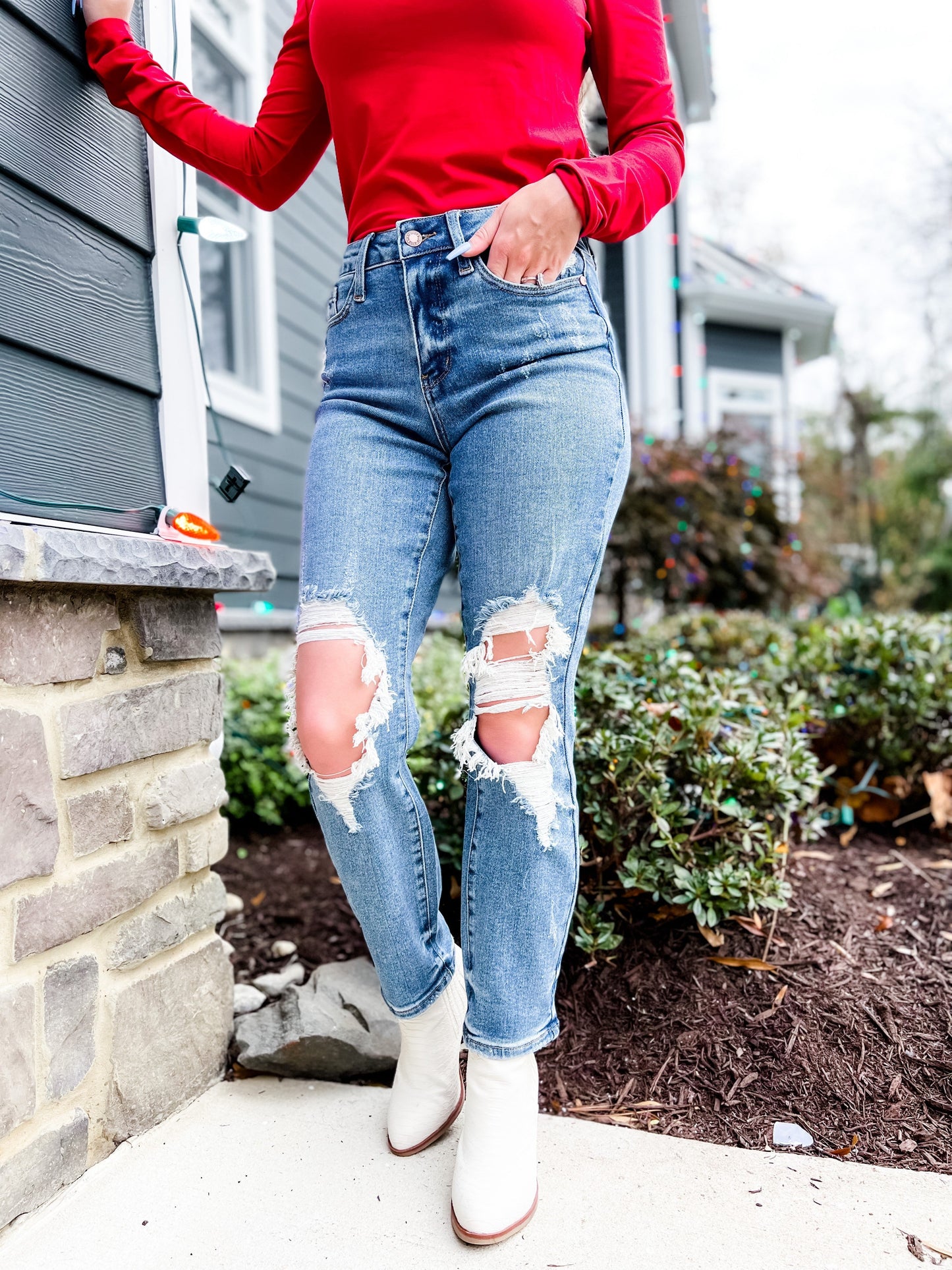 Judy Blue Double Take Medium Wash High Rise Distressed Boyfriend Jeans