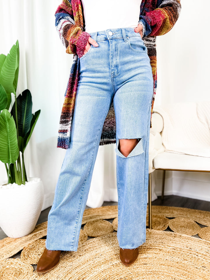 Plus/Reg Light Wash High Rise Relaxed Wide Leg Jeans