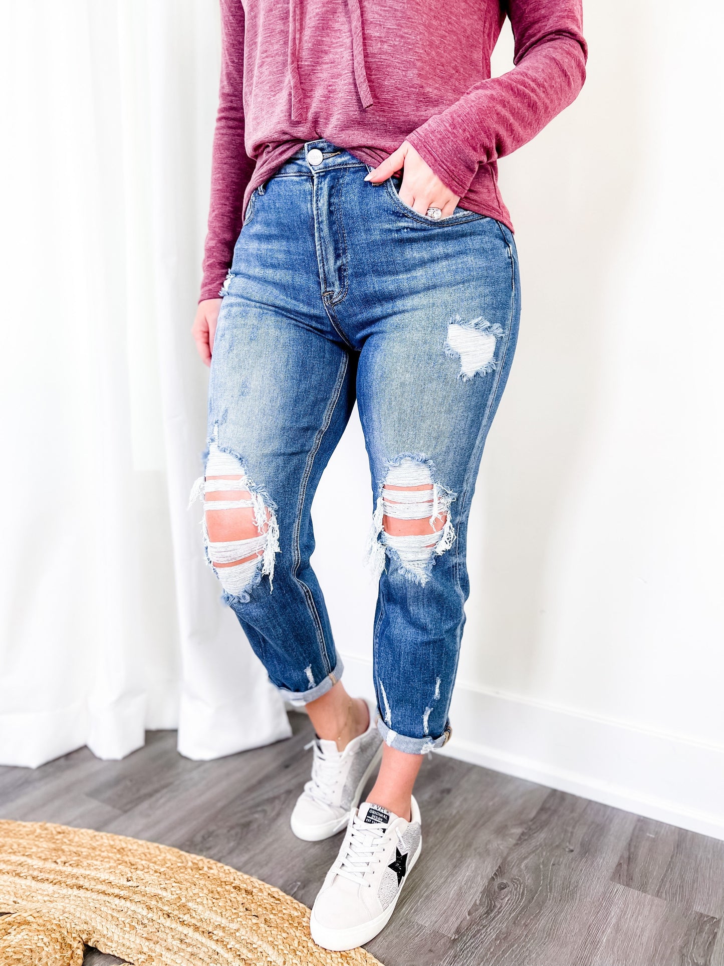 Plus/Reg Risen High Rise Cropped Boyfriend Jeans