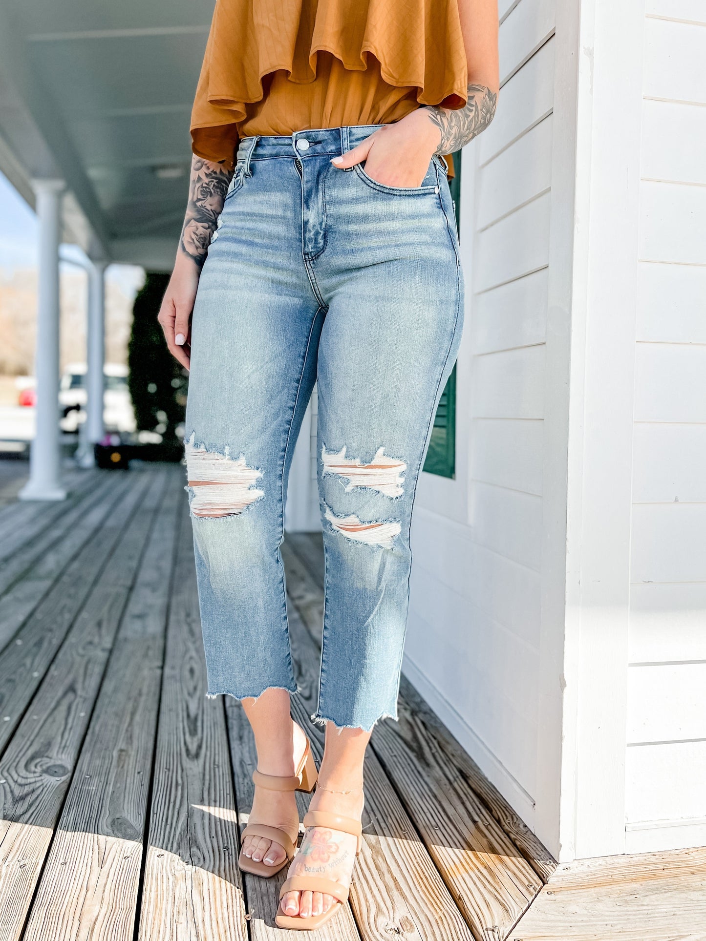 Judy Blue  Look At Me Now Medium Wash Mid Rise Distressed Cropped Straight Leg Jeans