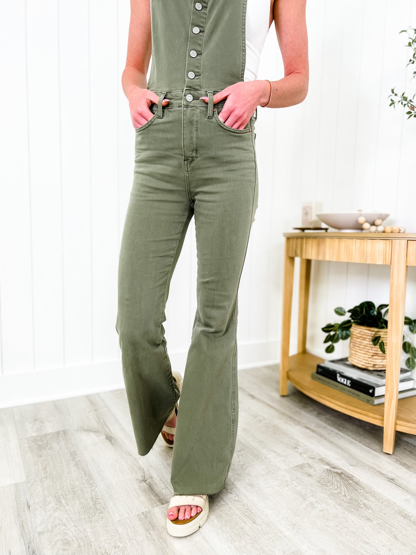 Judy Blue Olive You  Olive High Rise Control Top Tummy Control Flare Overalls