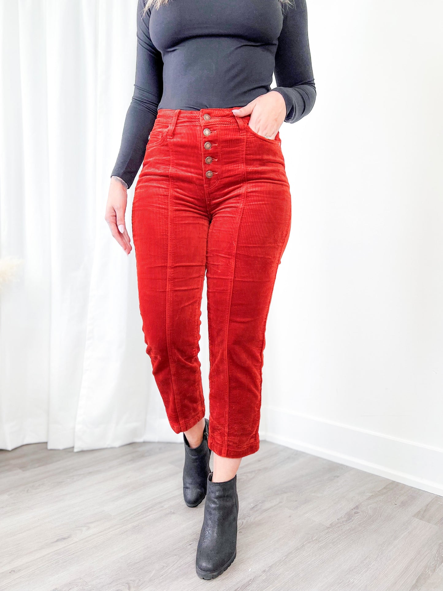 Judy Blue Pumpkin Spice RUST!  High Rise Button Fly Corduroy Crop Jeans