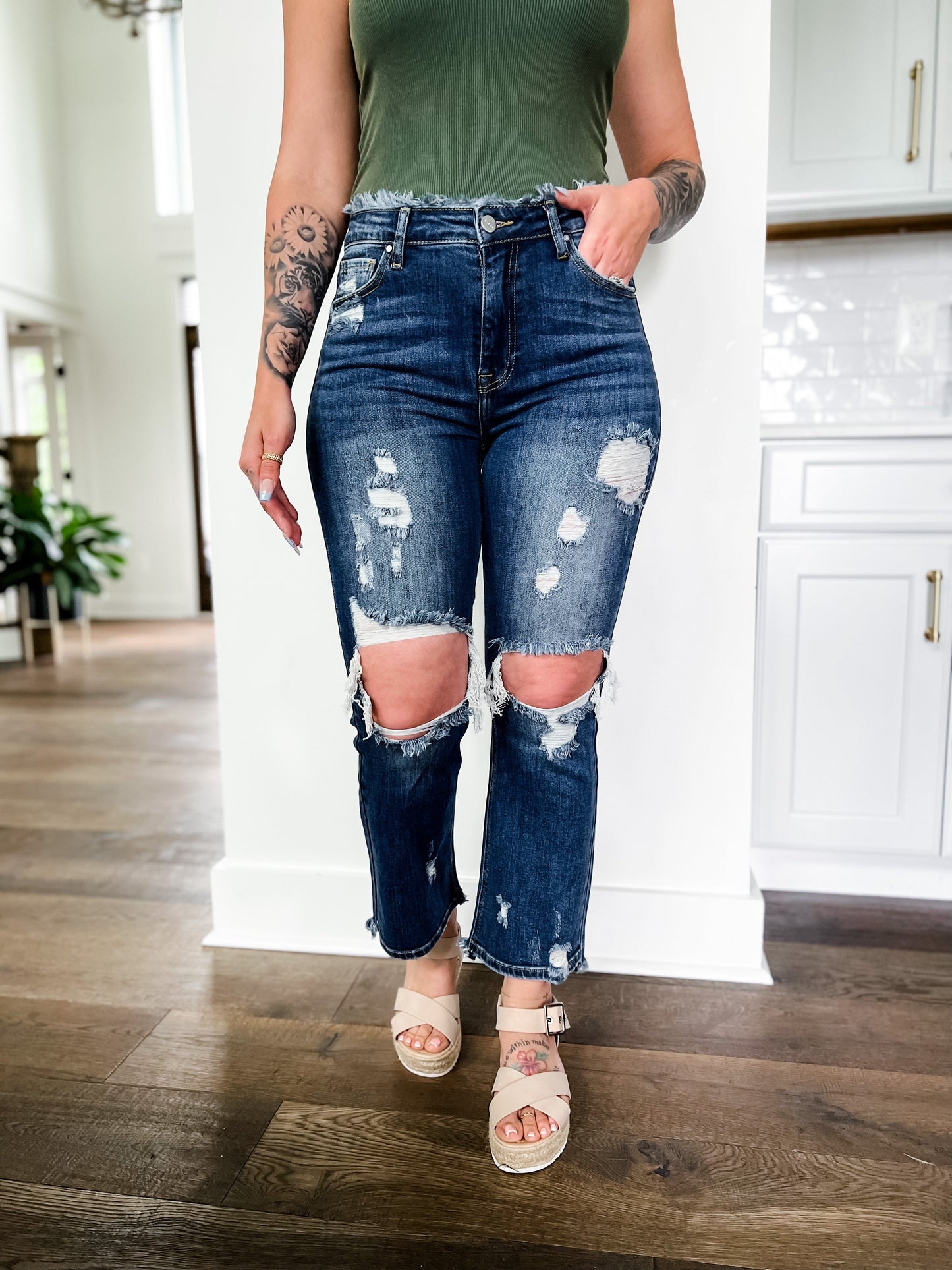 Risen Dark Wash Distressed Frayed Edge Straight Leg Jeans