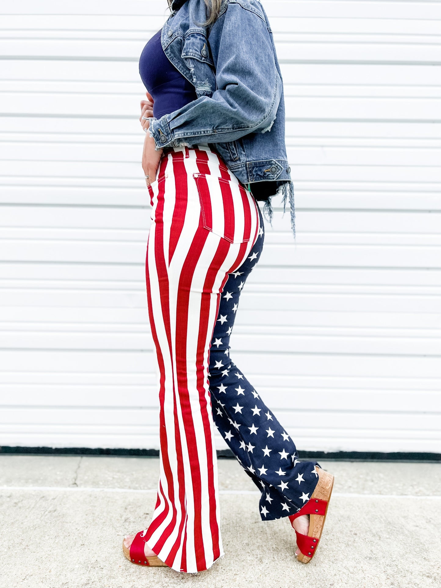 Judy Blue High Rise American Flag Print Raw Hem Flare Jeans