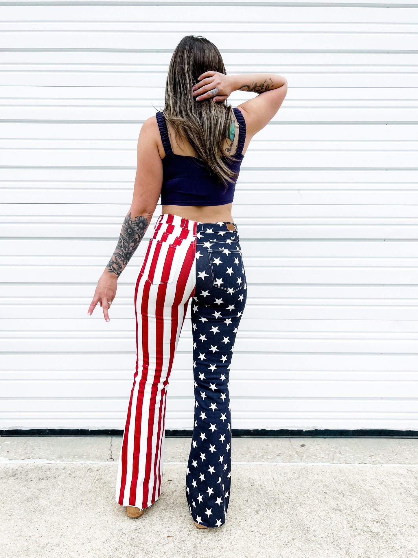 Judy Blue High Rise American Flag Print Raw Hem Flare Jeans