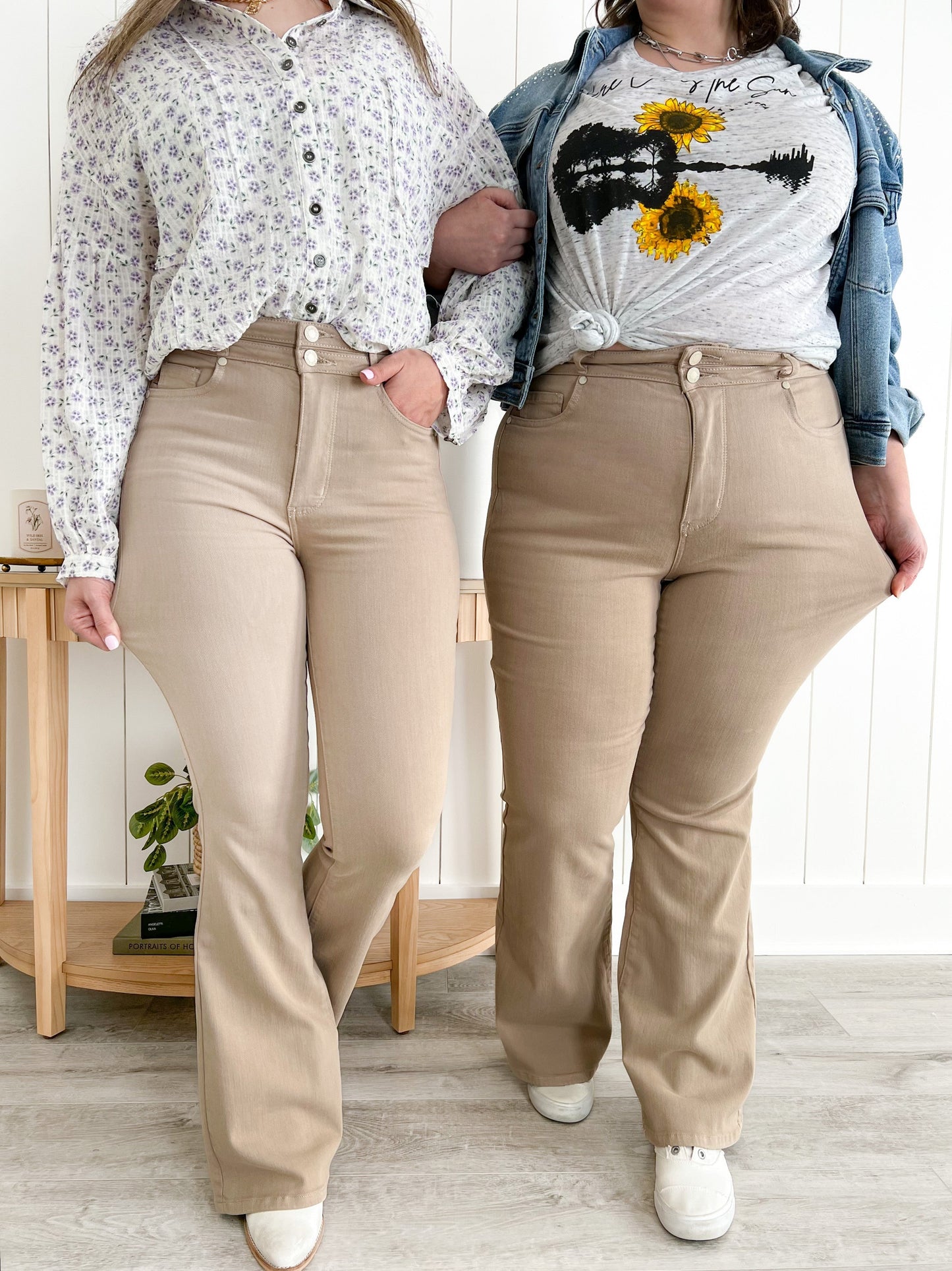 Judy Blue Sandy Bottom High Rise Khaki Garment Dyed Control Top Flare Jeans With Double Waistband