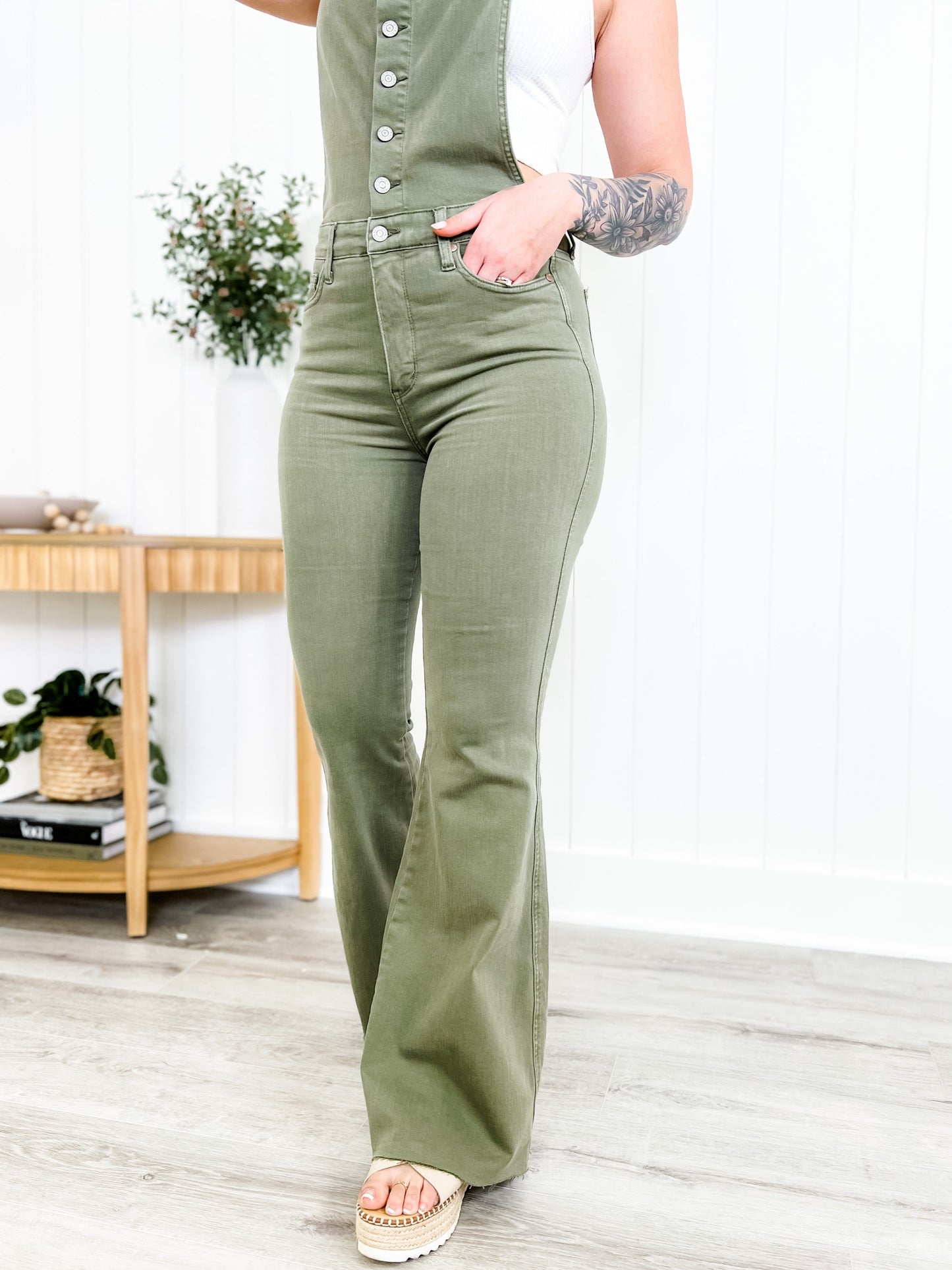 Judy Blue Olive You  Olive High Rise Control Top Tummy Control Flare Overalls