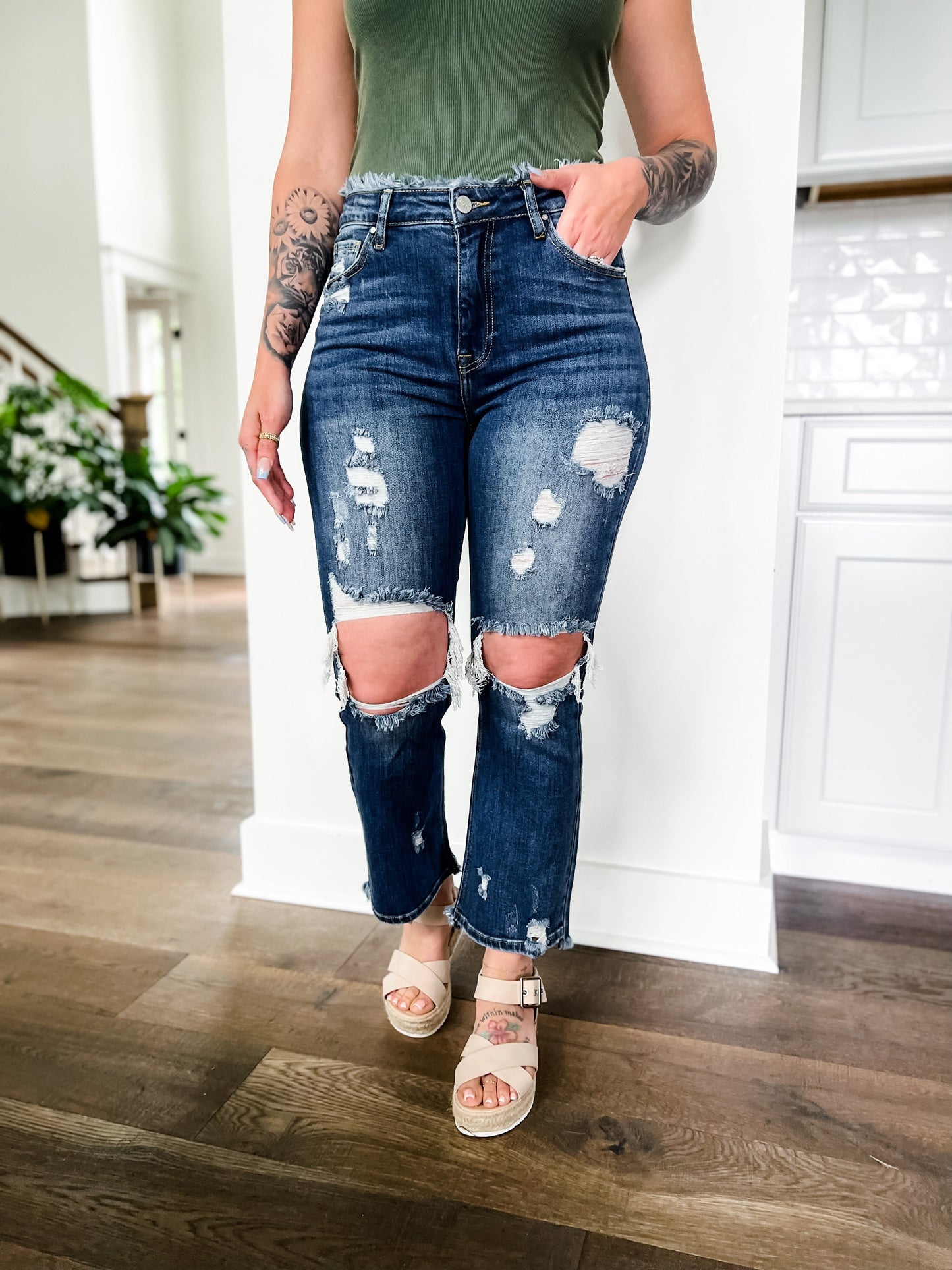 Risen Dark Wash Distressed Frayed Edge Straight Leg Jeans