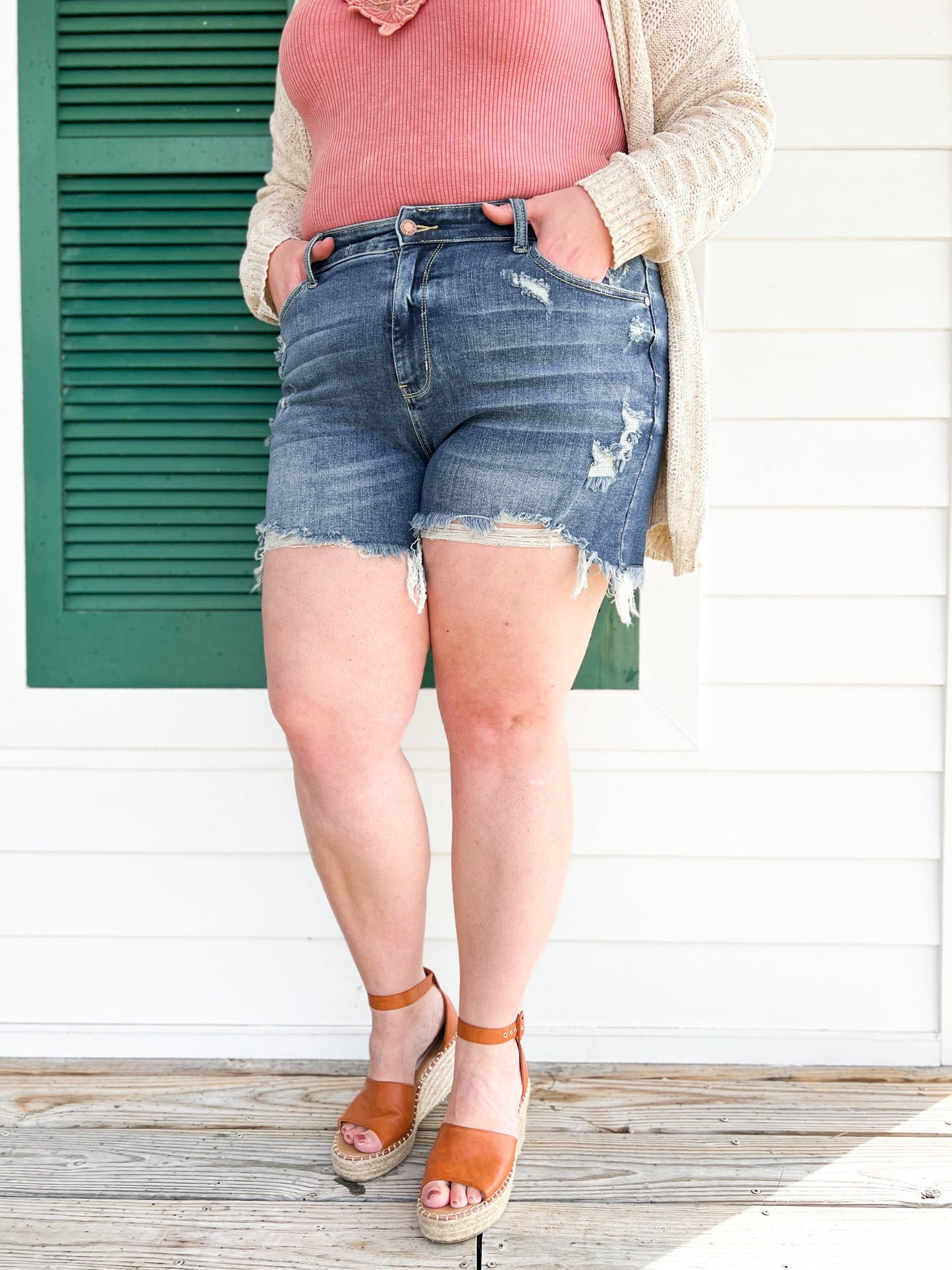 Judy Blue Hot Girl Summer Dark Wash Destroyed Fray Hem Shorts