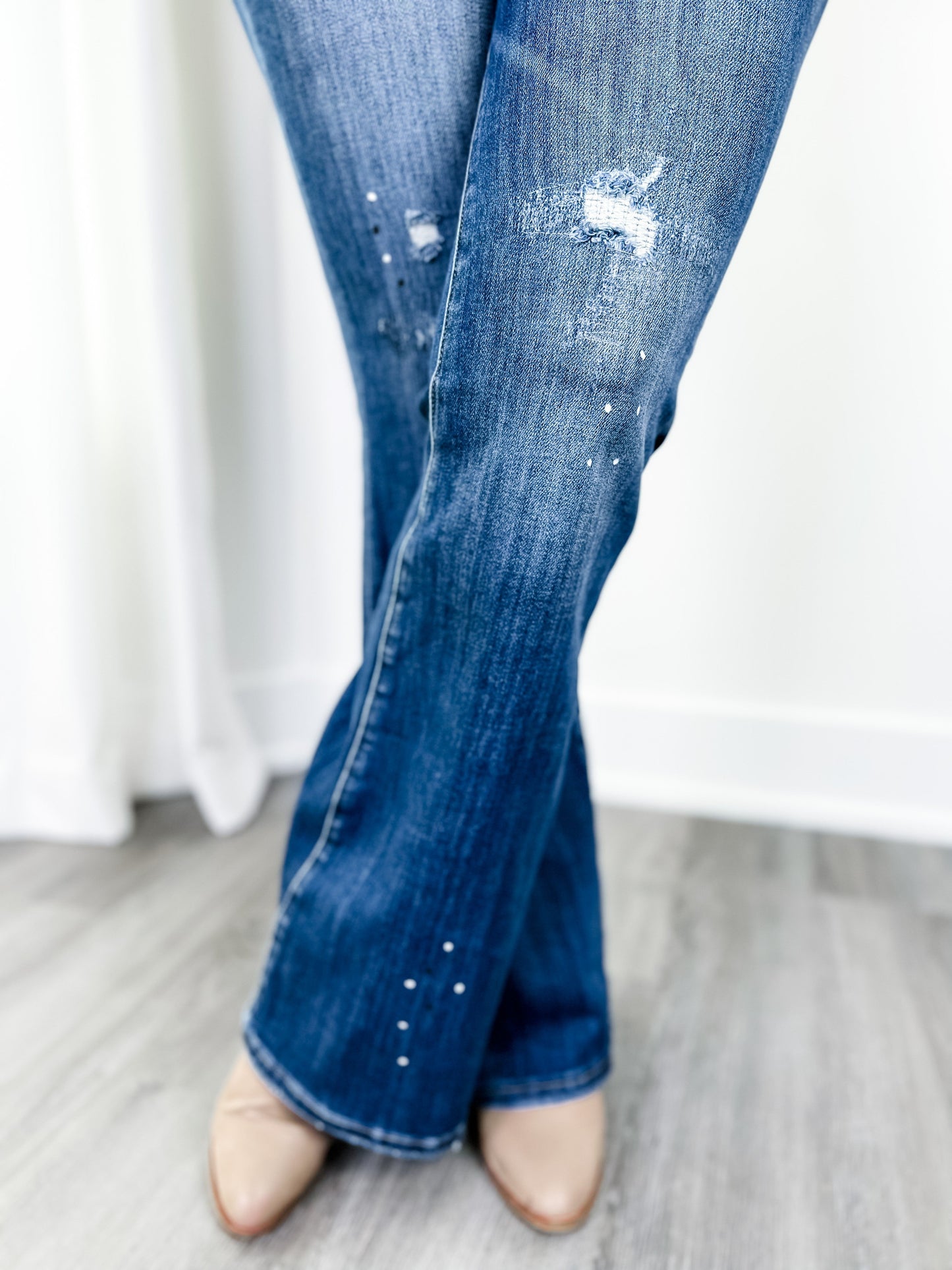 Risen Dark Wash High Rise Zig Zag Paint Splatter Flare Jeans