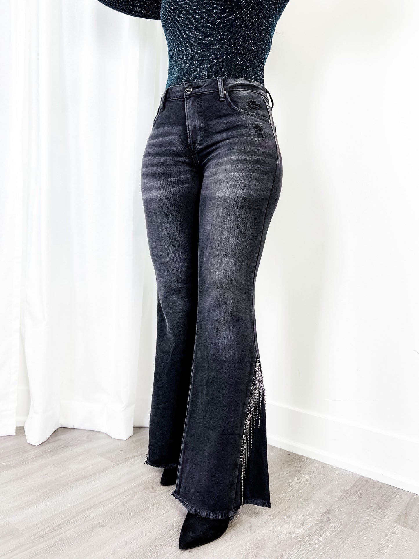 Risen Black Mid Rise Flare Rhinestone Denim Jeans