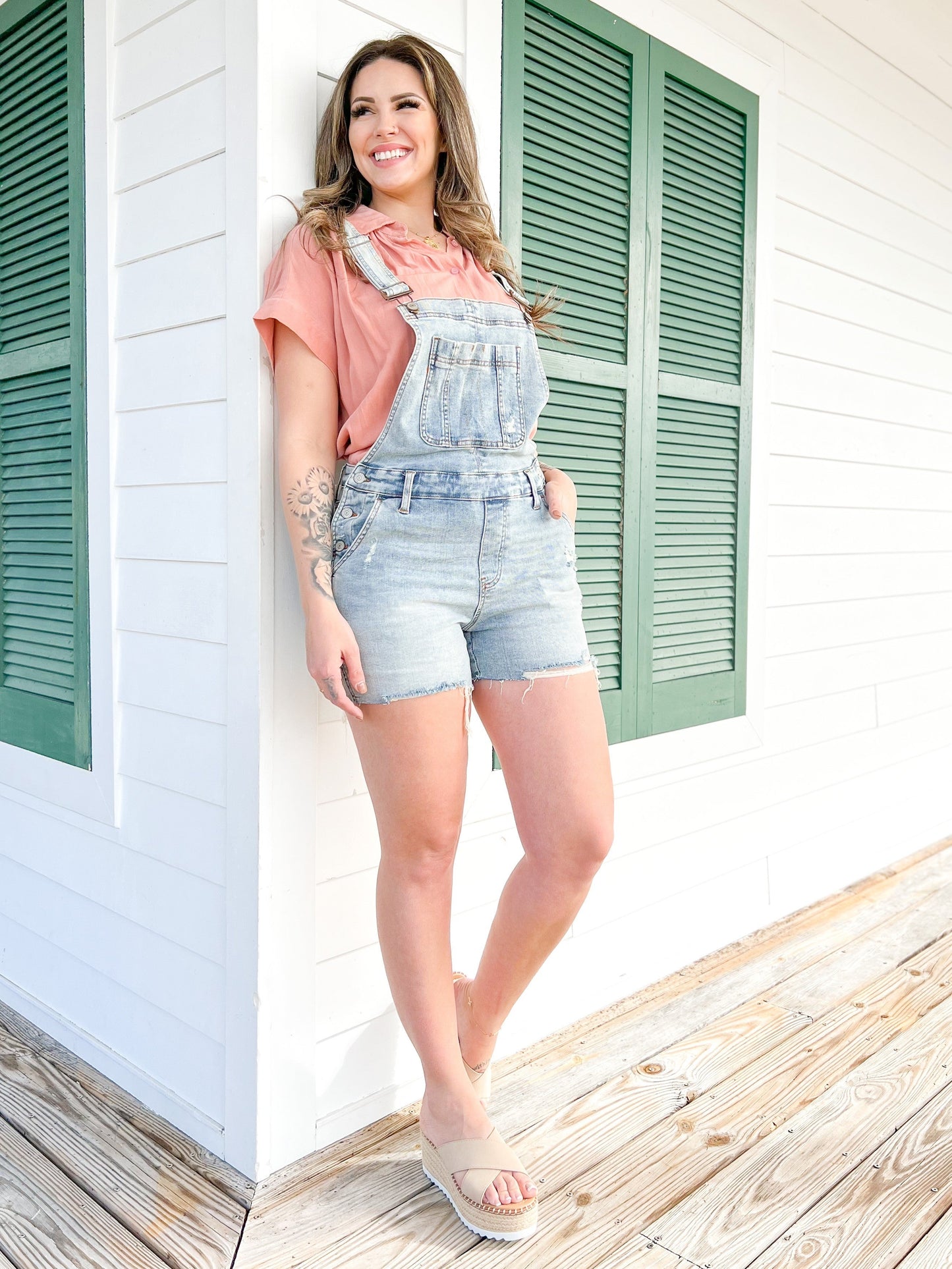 Judy Blue Bethany Blues Light Wash Destroyed Shorts Overalls