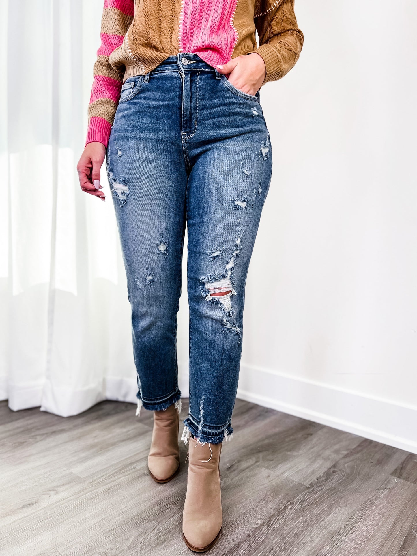 Judy Blue High Waist Straight Leg Medium Wash Distressed Denim