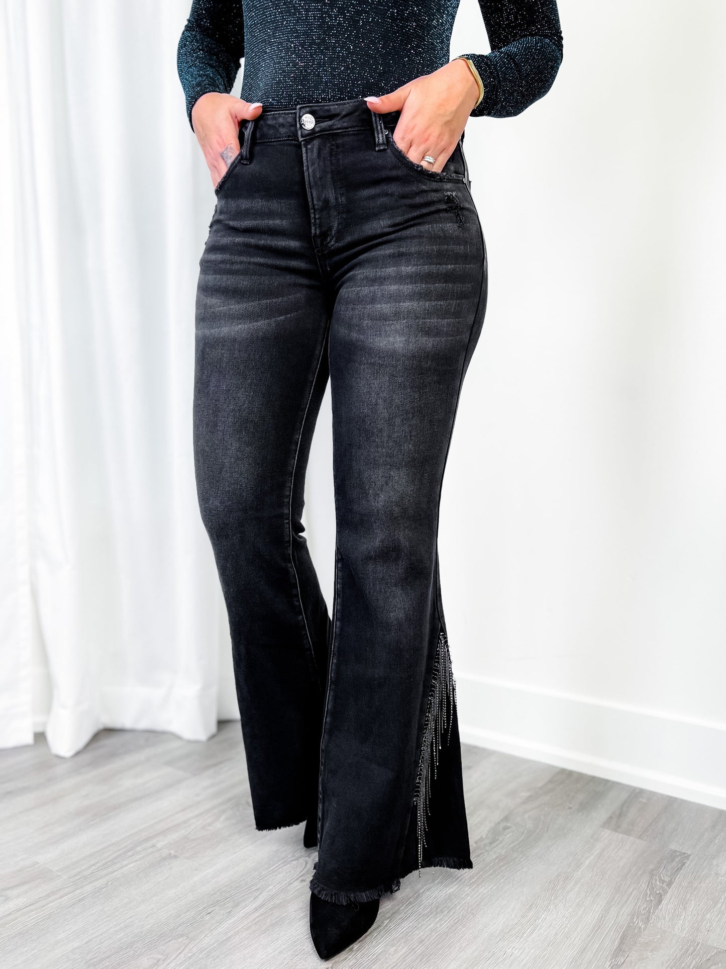 Plus/Reg Risen Black Mid Rise Flare Rhinestone Denim Jeans