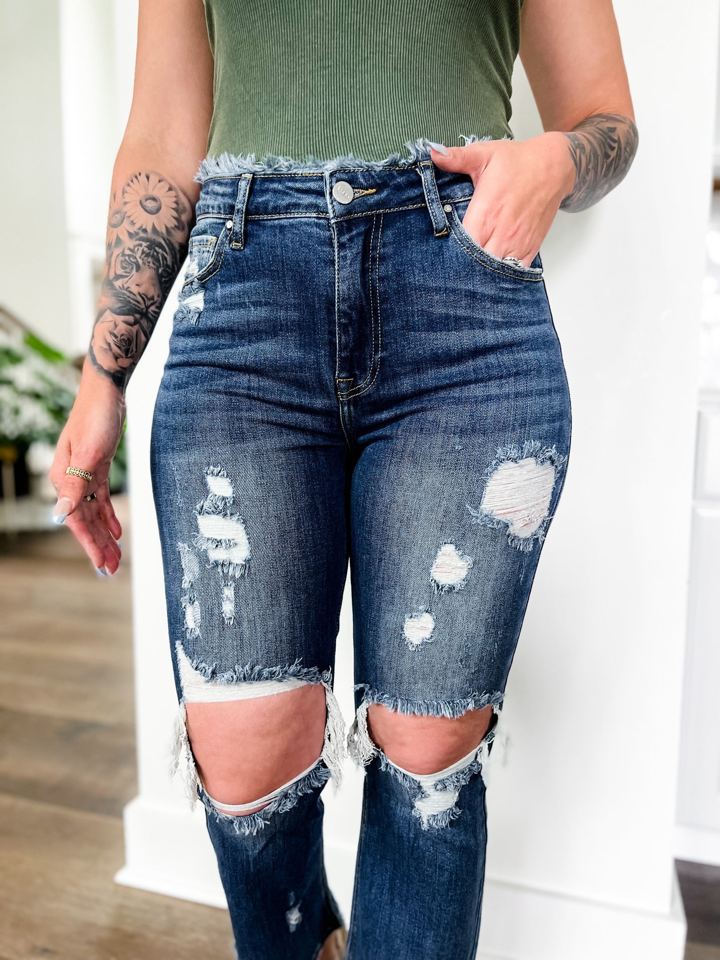 Risen Dark Wash Distressed Frayed Edge Straight Leg Jeans