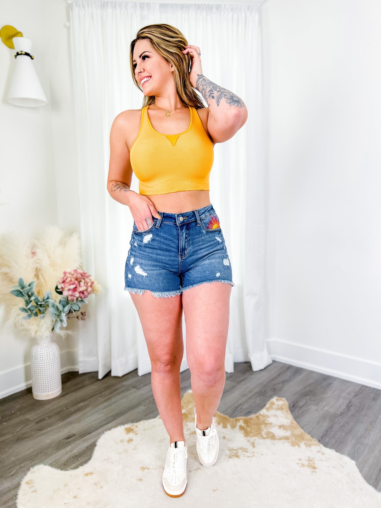 Judy Blue "Here Comes the Sun" Embroidered Cut Off Shorts