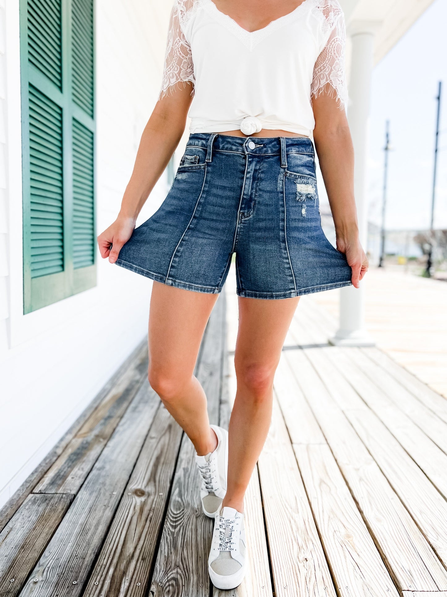 Judy Blue Worth the Wait Medium Wash Distressed Shorts With Seam Detail